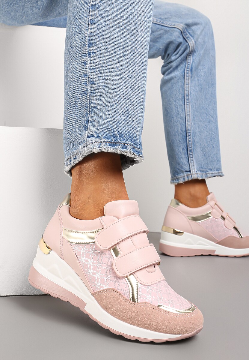 Różowe Sneakersy na Niewysokiej Koturnie na Rzepy Portha