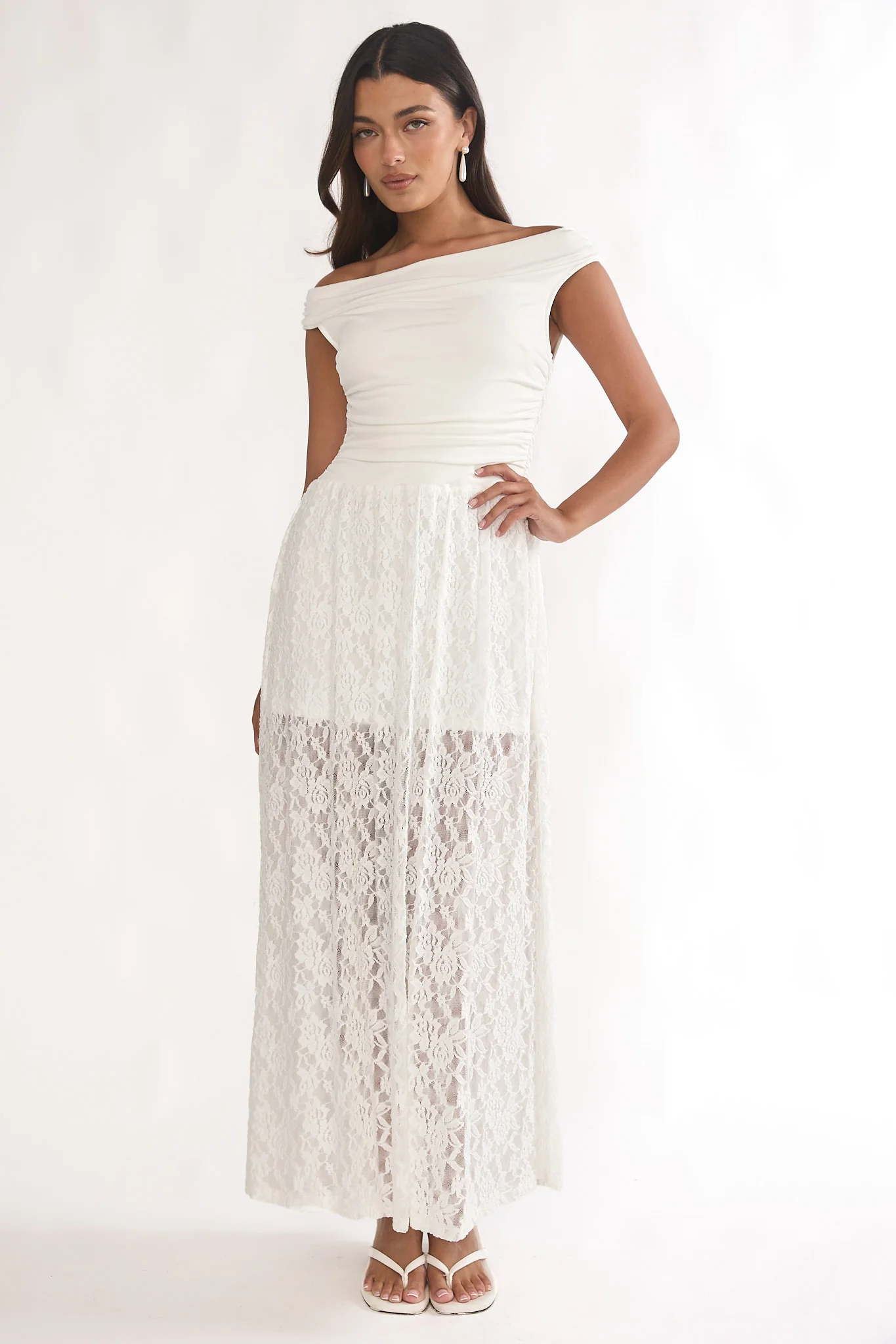 In Blooms Off-Shoulder Lace Maxi Dress White
