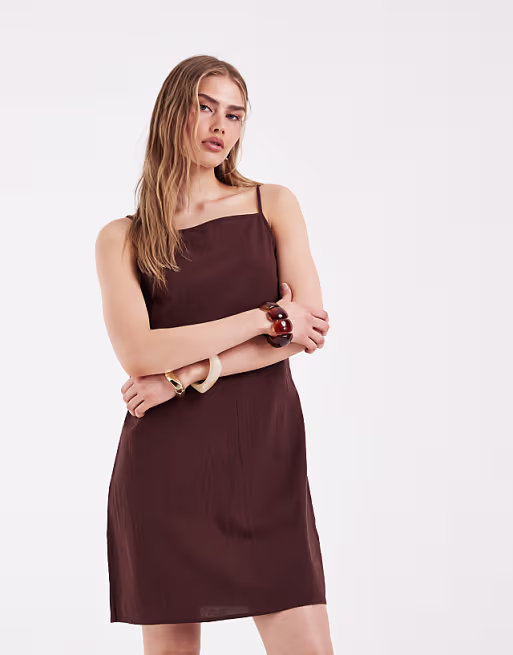 PIECES square neck cotton textured mini dress in coffee brown