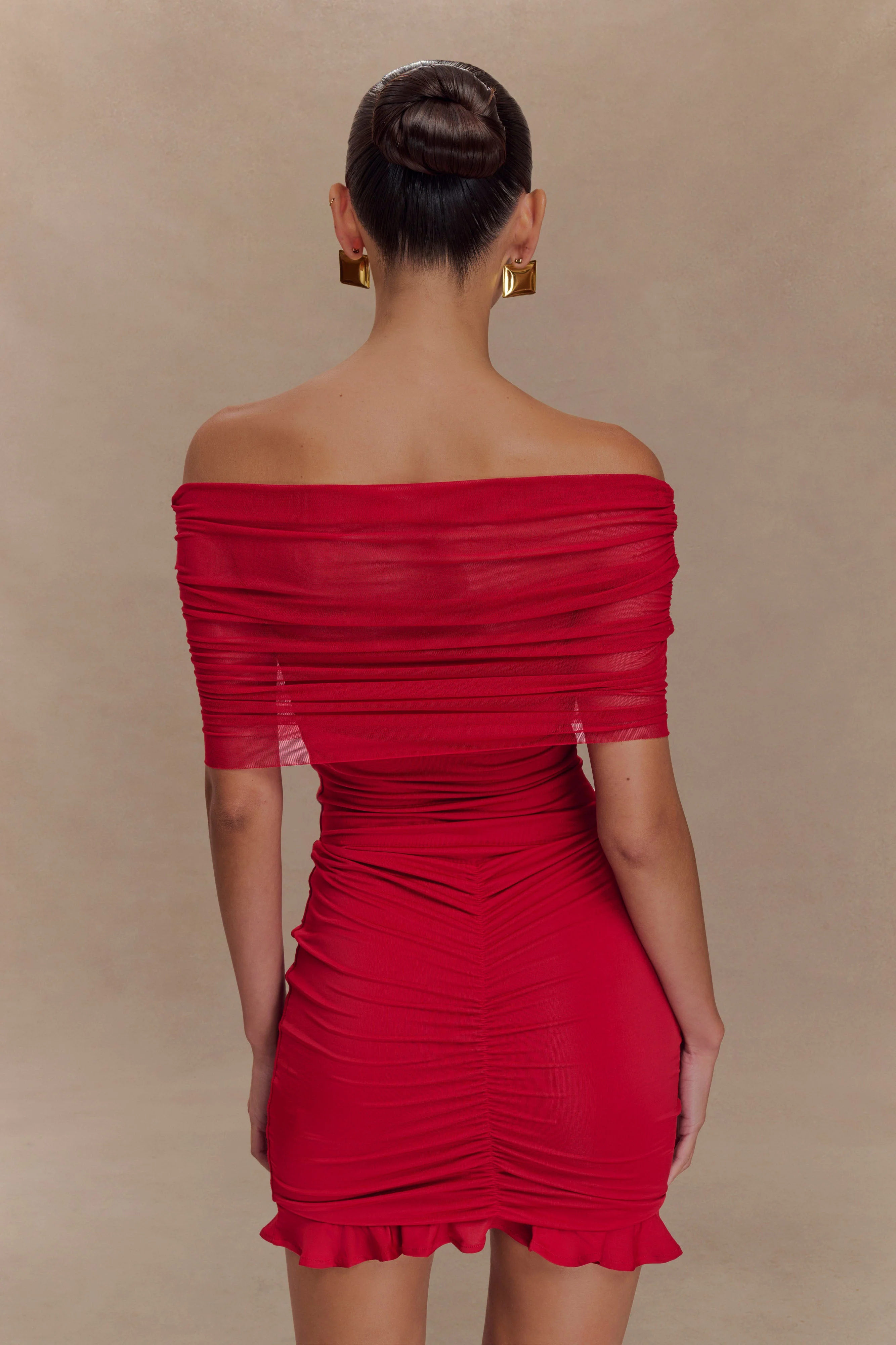 Caspian Slinky And Mesh Off Shoulder Mini Dress - Ruby