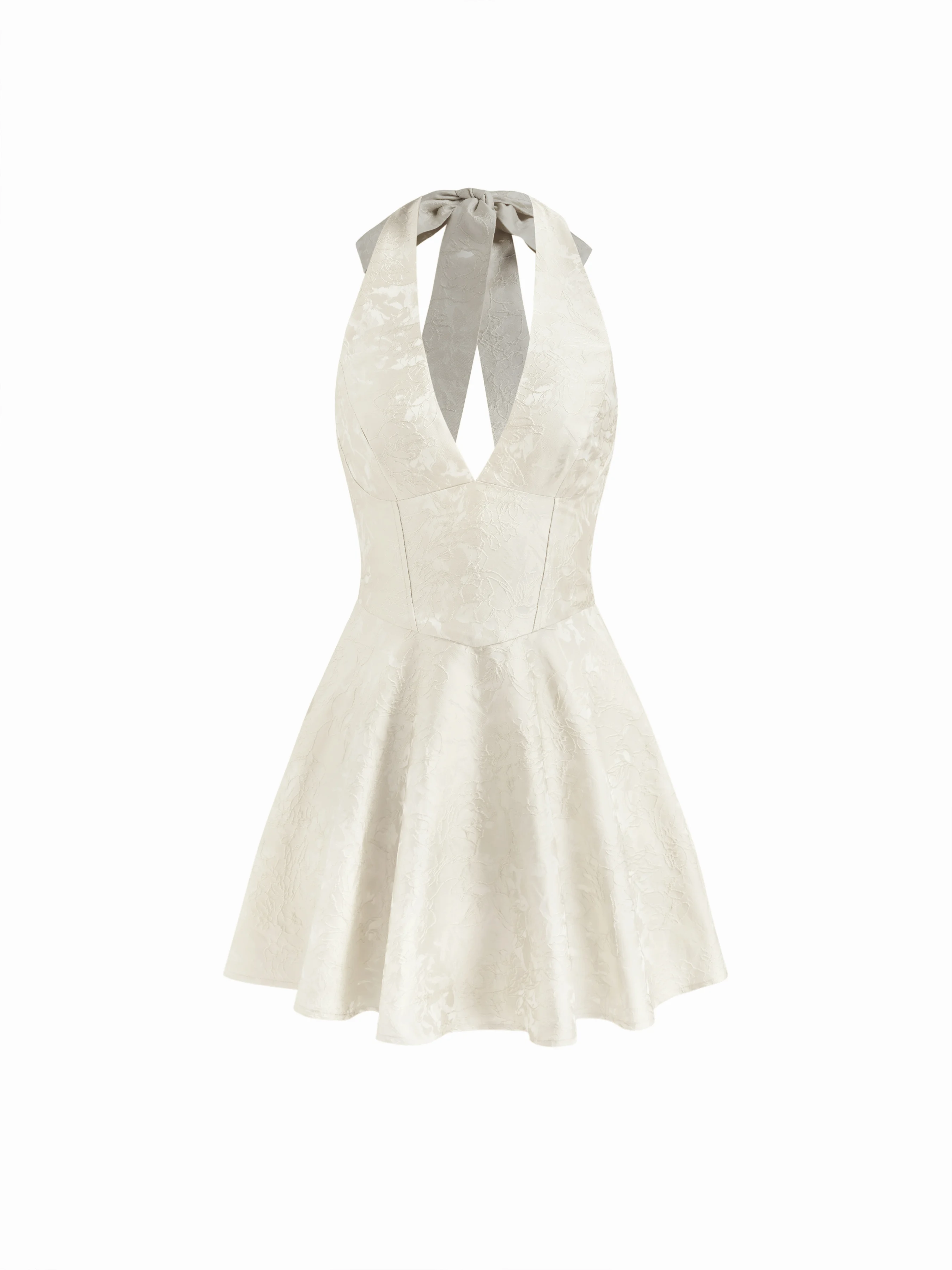 Jacquard Halter V-neck Lace Up Backless Ruffle Mini Dress