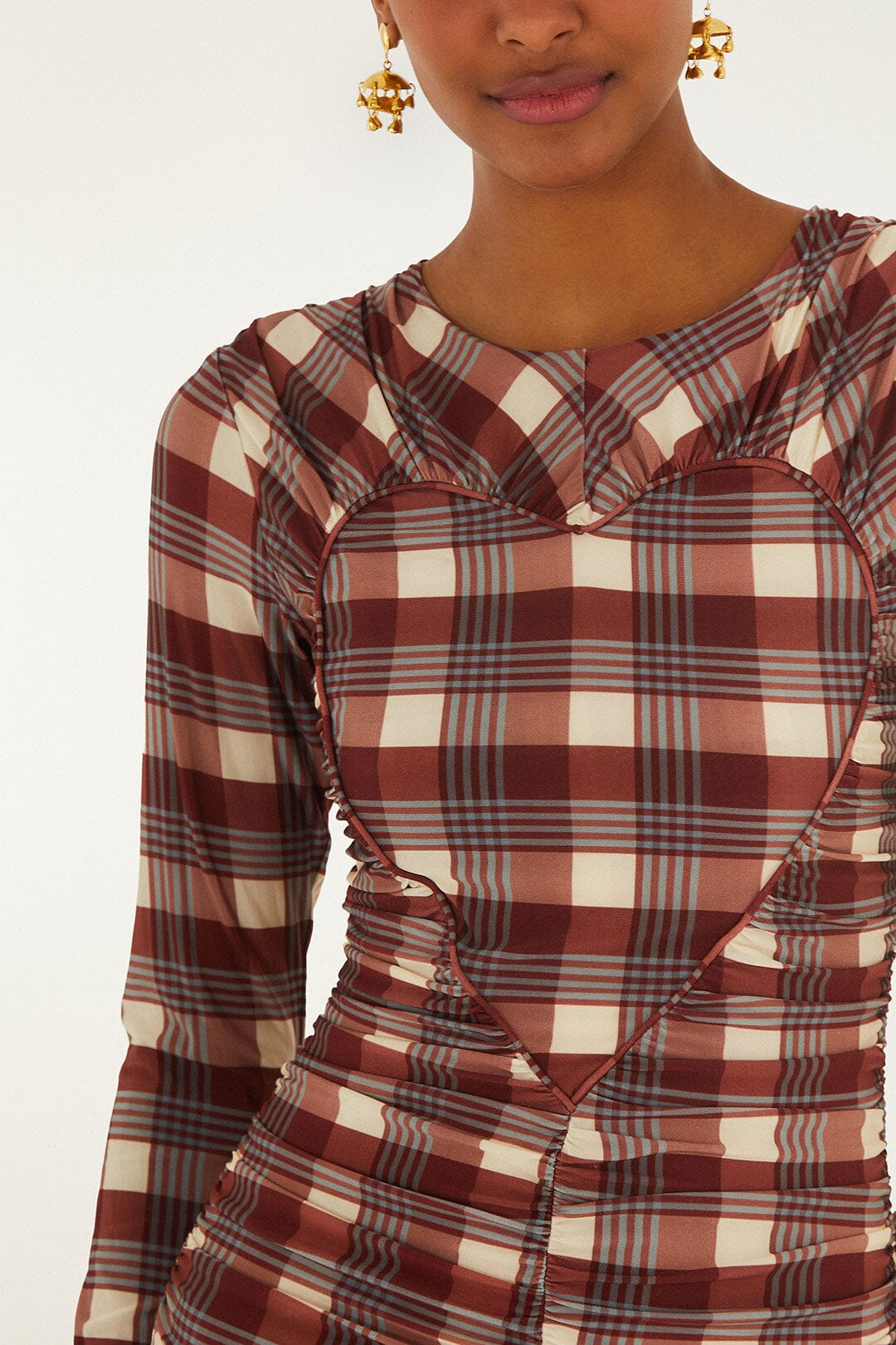Brown Country Tartan Heart Ruched Mini Dress