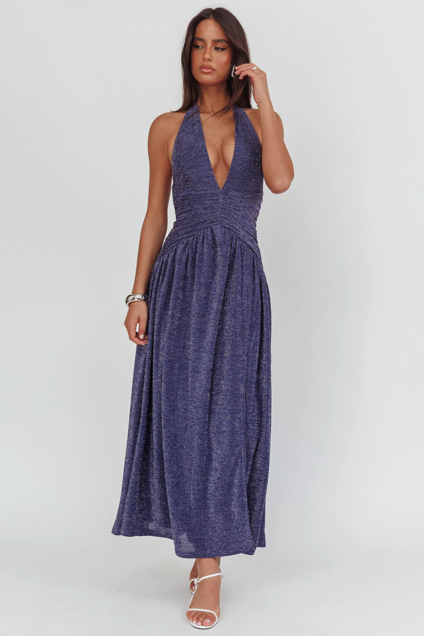 Italia Azure Gathered Waist Maxi Dress Shimmer Navy