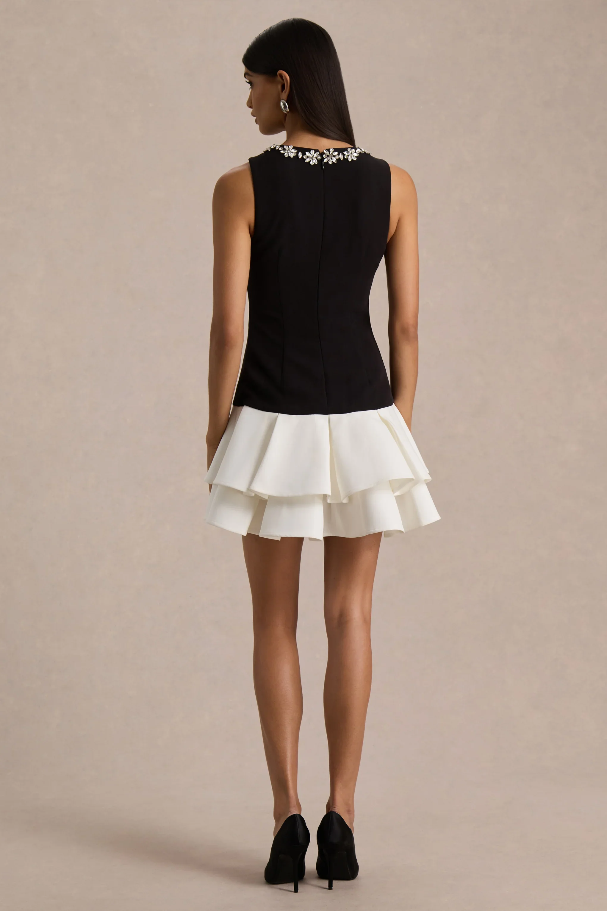 Nalani | Black And White Crew-Neck Mini Dress With Embellishment And Ruffled Detailing