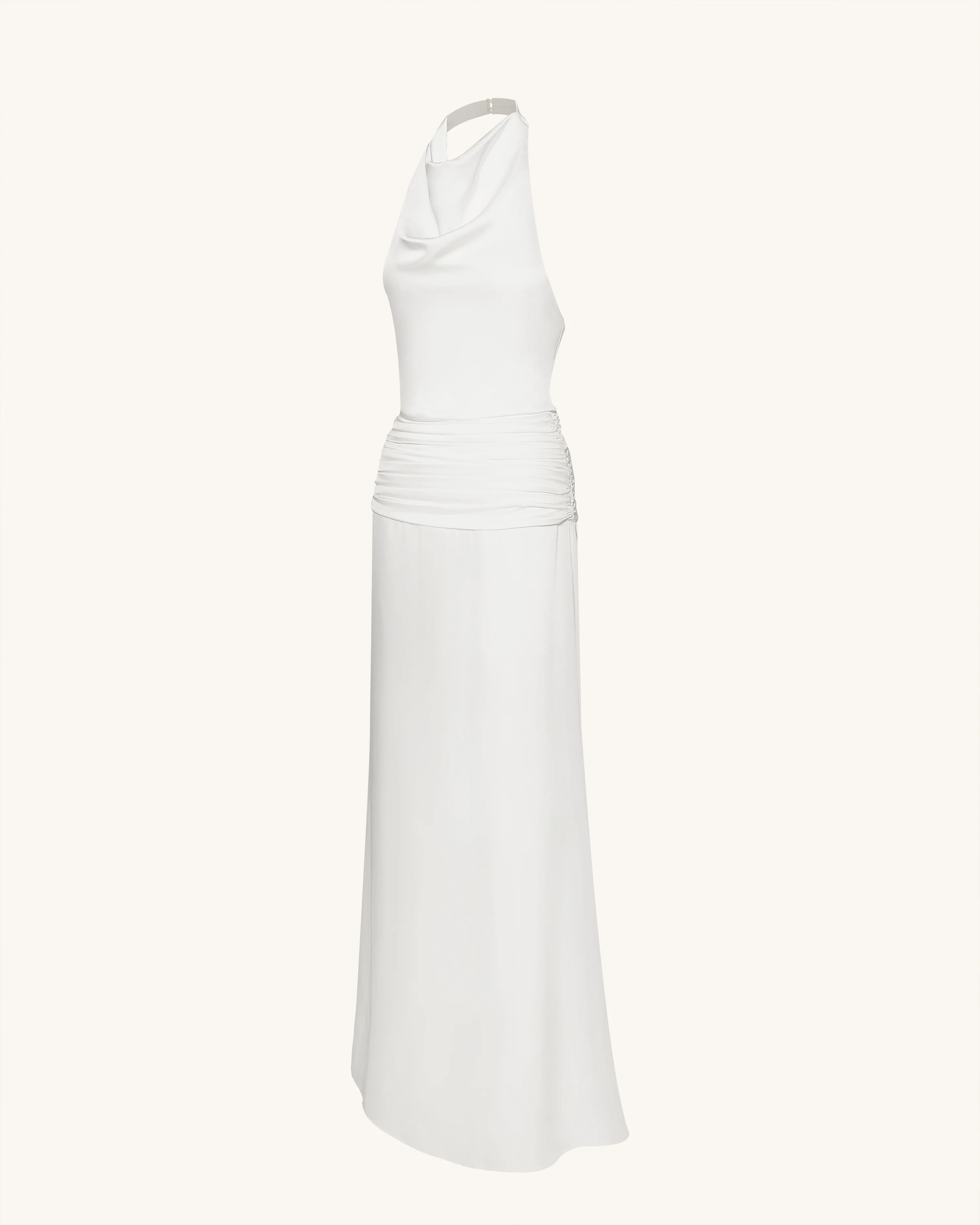 Satin Cowl Neck Ruched Maxi Gown - White - FASHION NOB