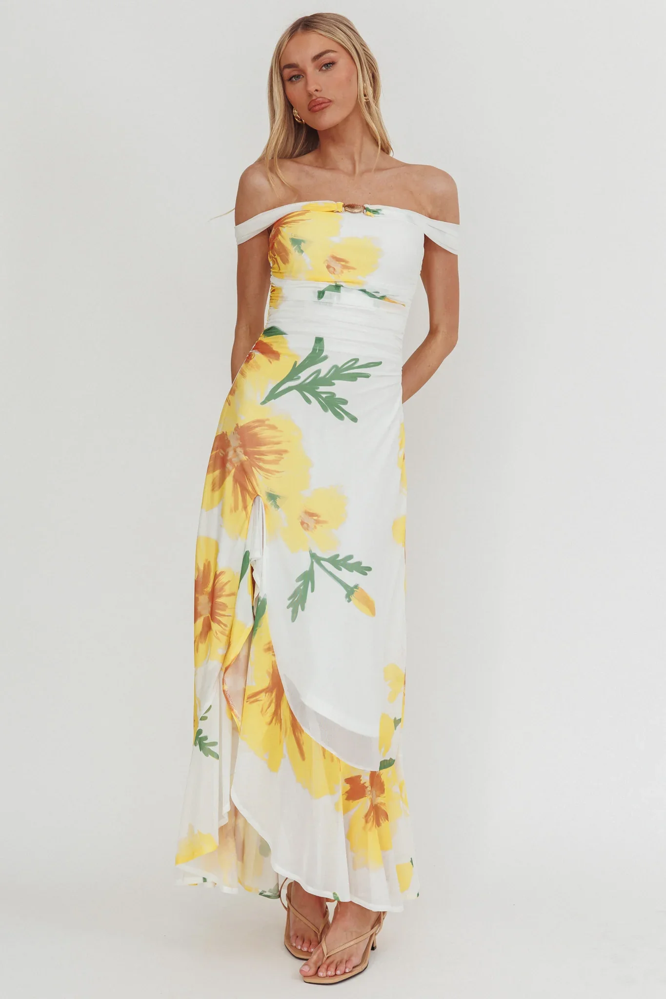 Moonlit Magic Off-Shoulder Split Maxi Dress Flower Yellow