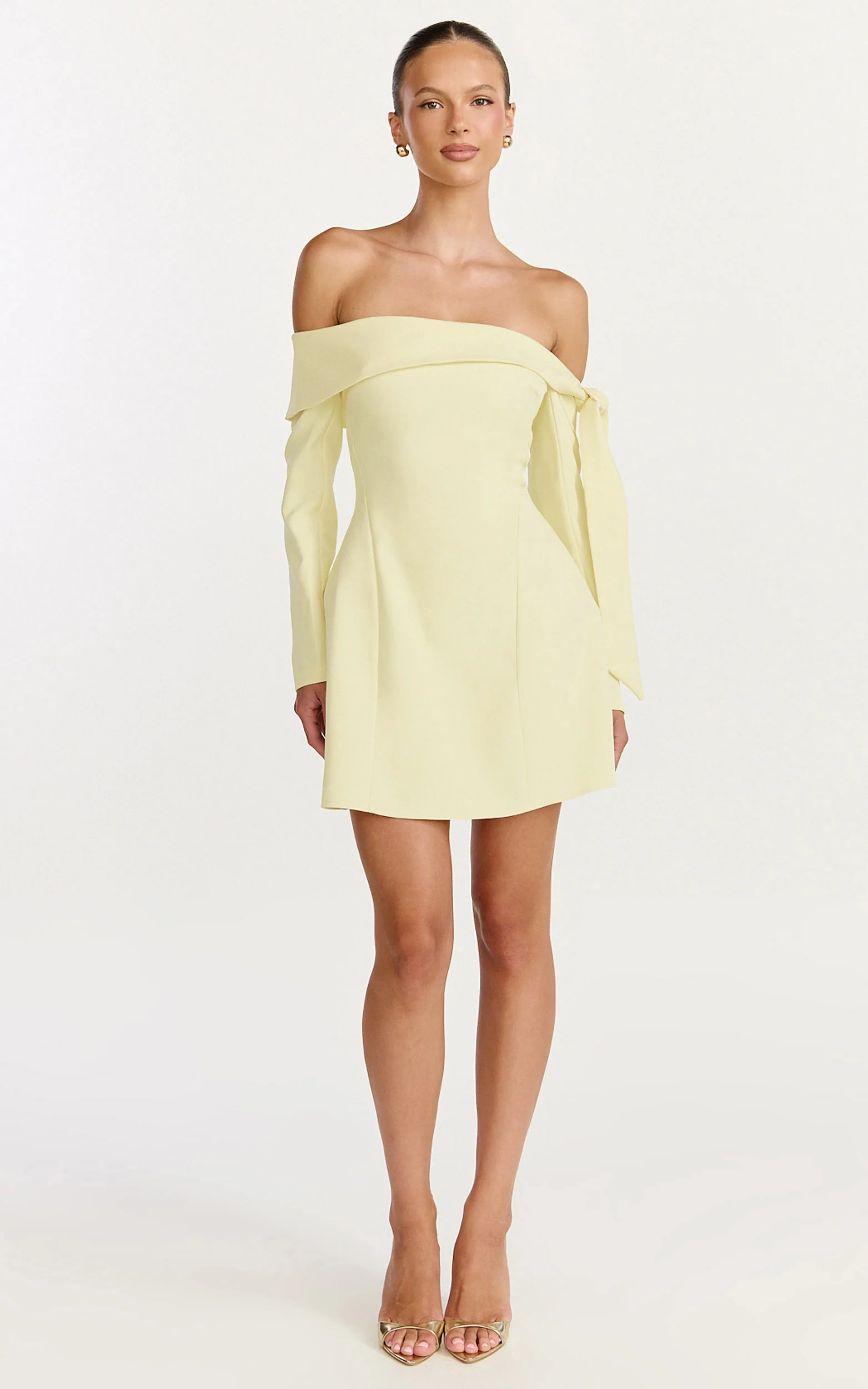Eljay Mini Dress - Long Sleeve Off Shoulder Knot Detail Dress in Lemon