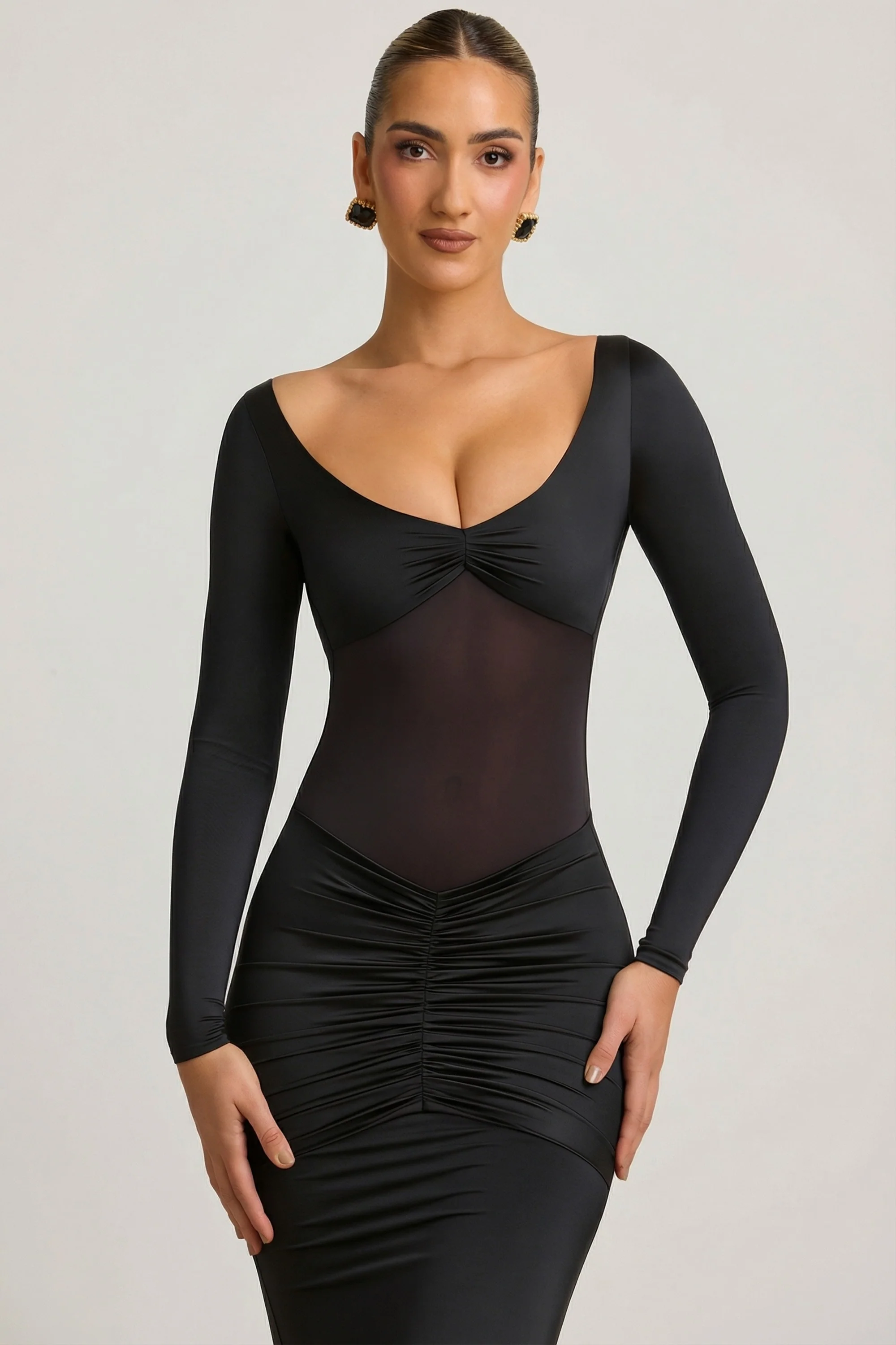 Bow-Detail Ruched Maxi Dress in Black