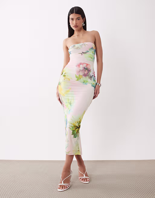 AFRM Marlo printed mesh bandeau maxi dress in pink floral
