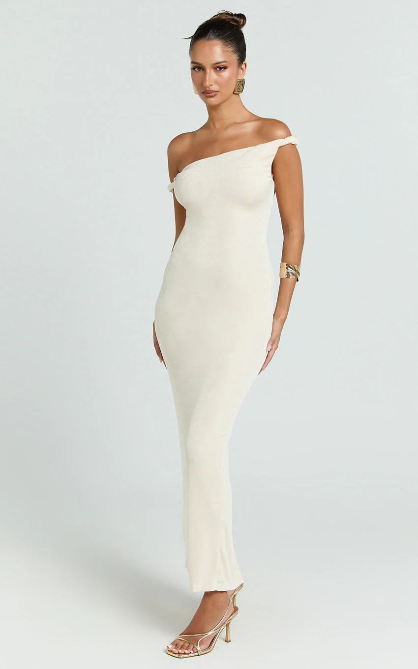 Isabel Midi Dress - Twist Off Shoulder Bodycon Dress in Cream - luluinthesky
