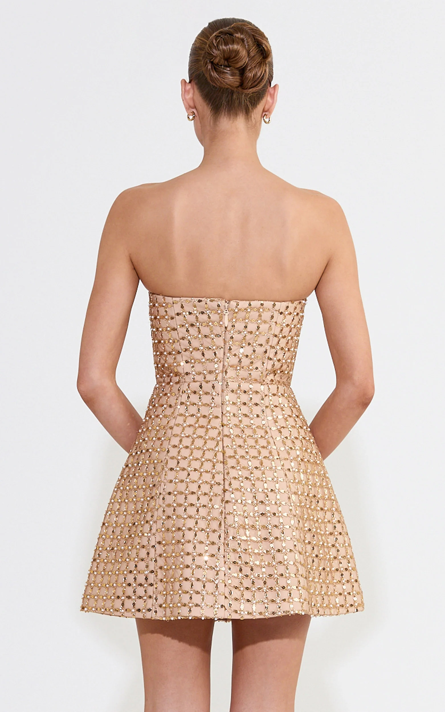 Camille Mini Dress Strapless Structured Beaded Sequin Dress in Gold - FASHION NOB
