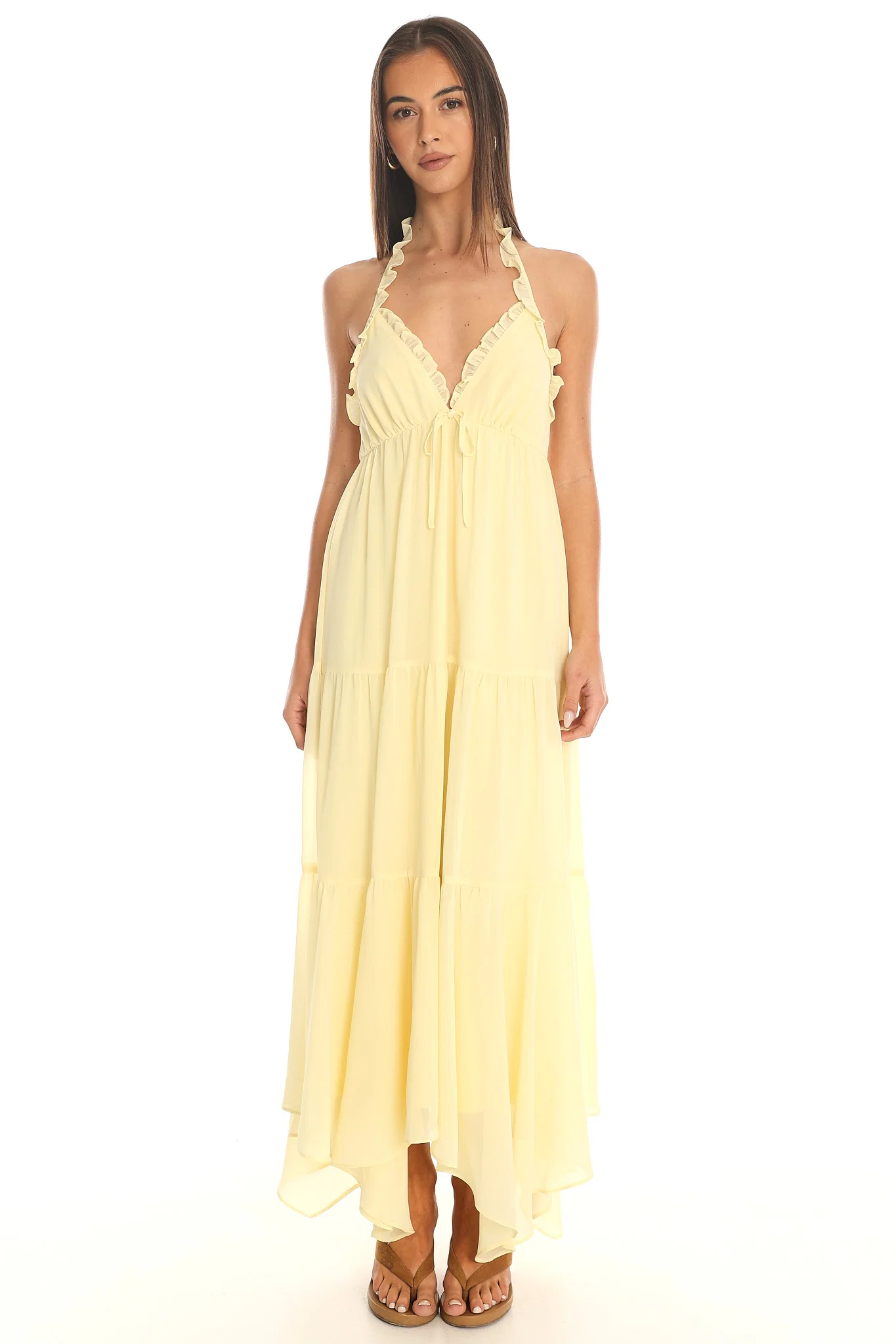 Island Escape Ruffled Halter Dress Butter Yellow