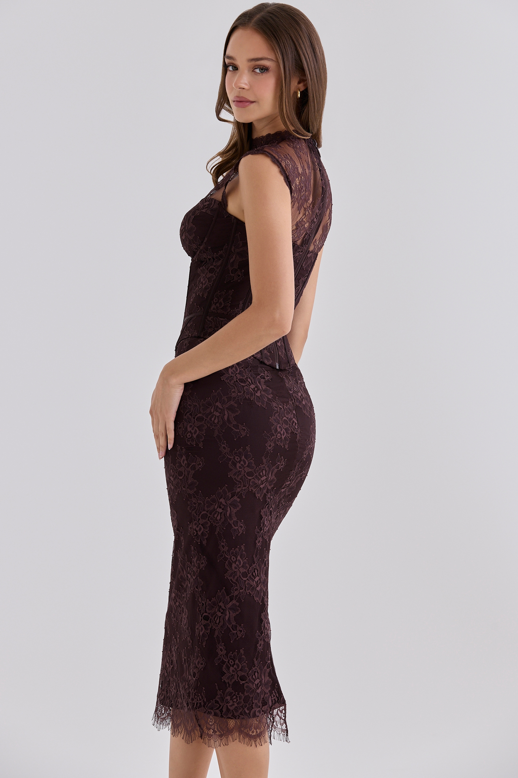 Chocolate Brown Lace Midi Skirt