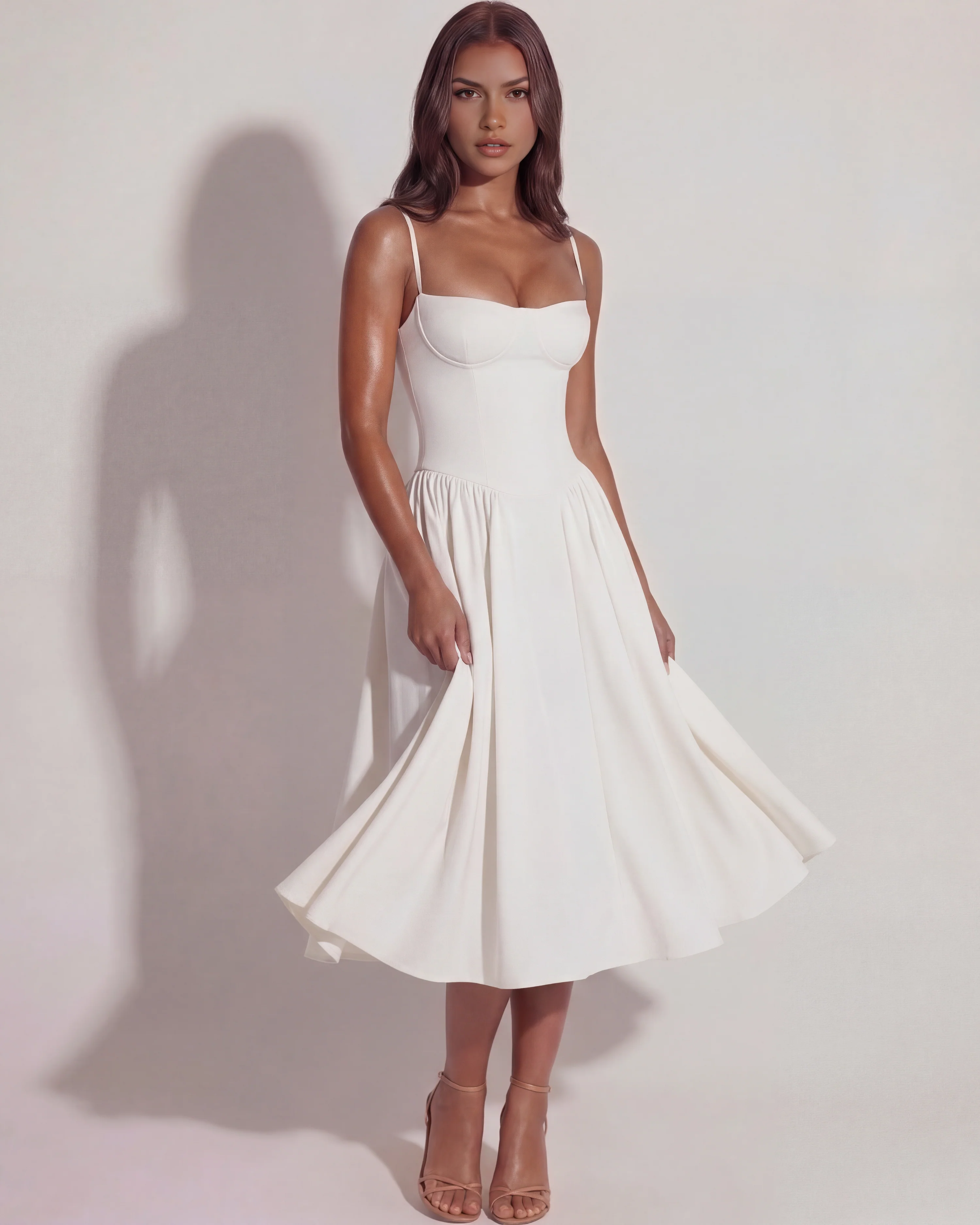 White Midi Dress with Sweetheart Neckline and Hidden Pockets