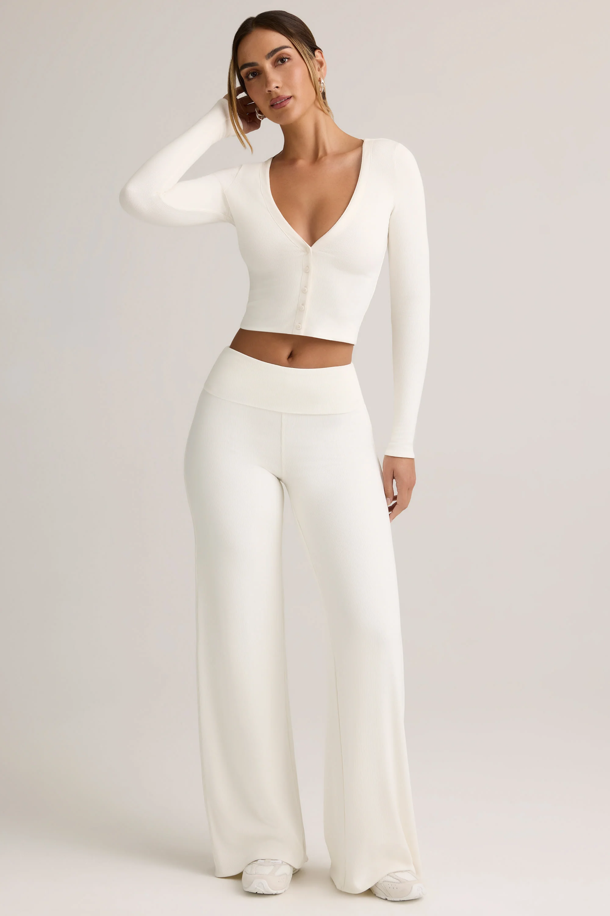Modal Foldover Wide-Leg Trousers in White
