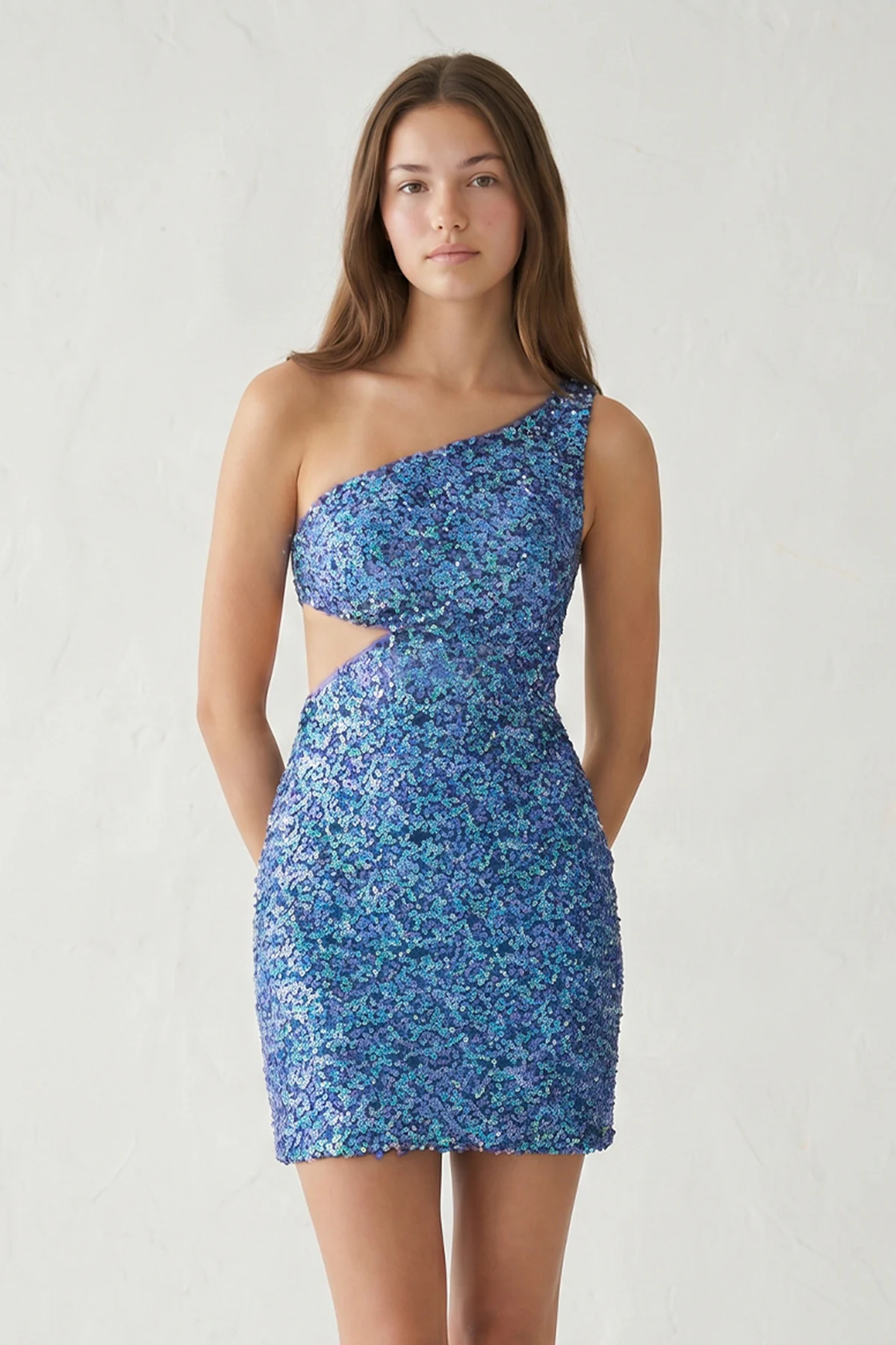 Blue - One Shoulder Sequins Bodycon Cut out Mini Homecoming Dresses