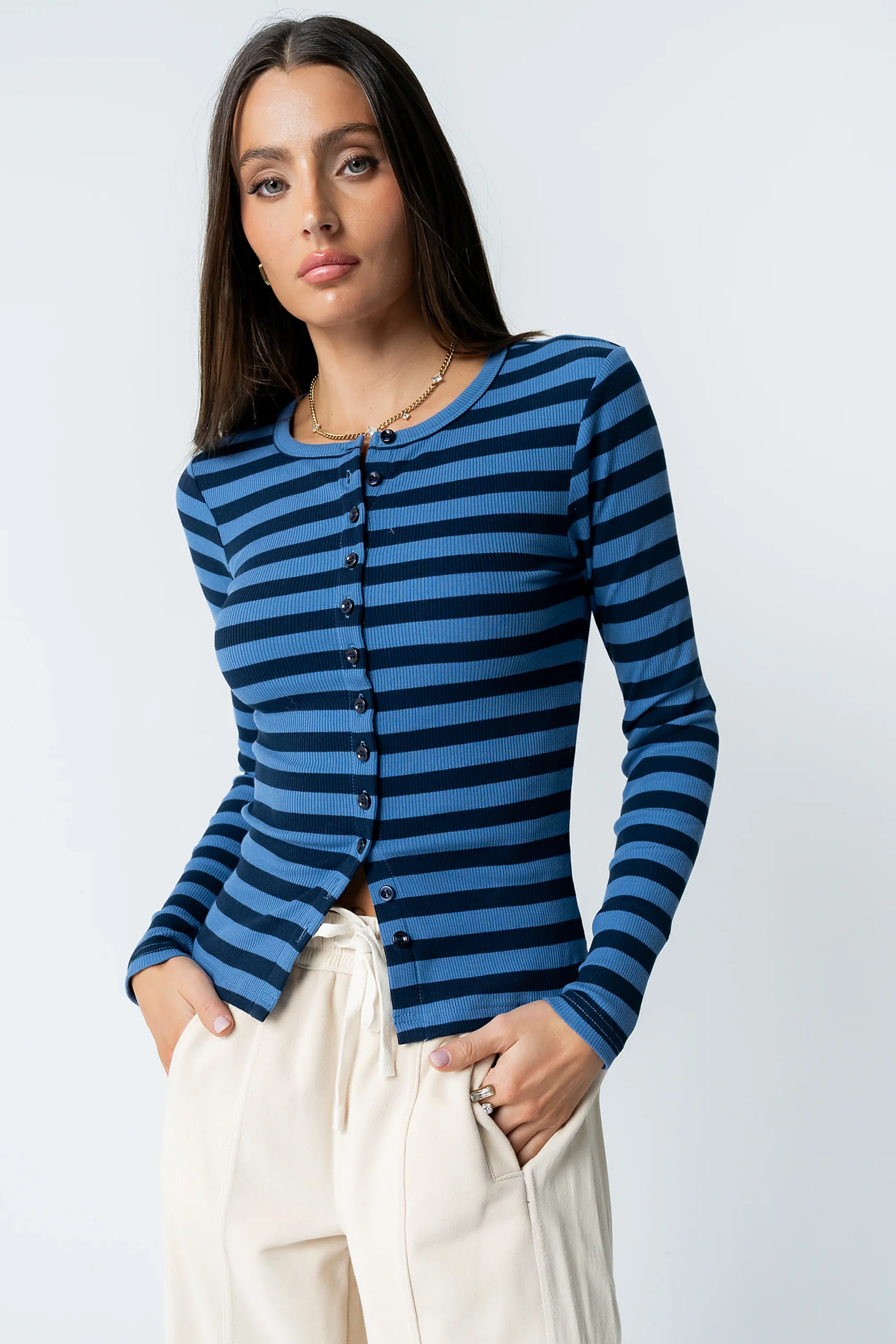 Mia Button Up Top in Striped Navy