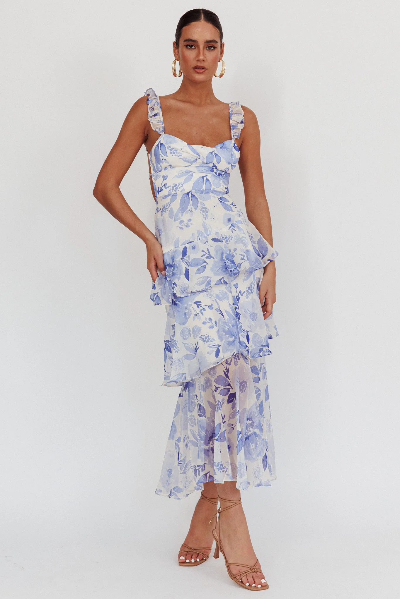 Veda Strappy Back Ruffle Maxi Dress Flowers Blue - luluinthesky