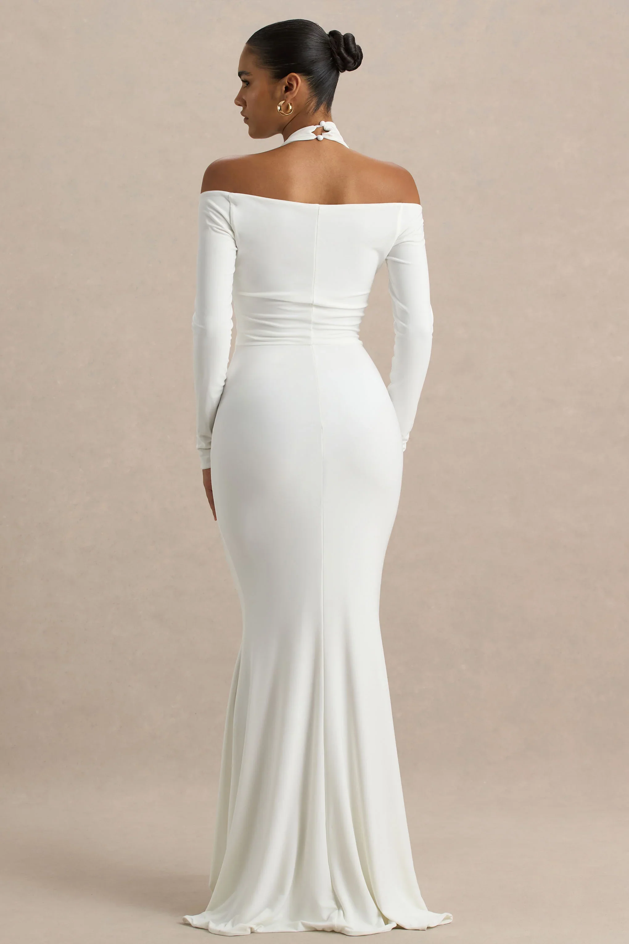 Living High | White Halter-Neck Maxi Dress With Long Sleeves