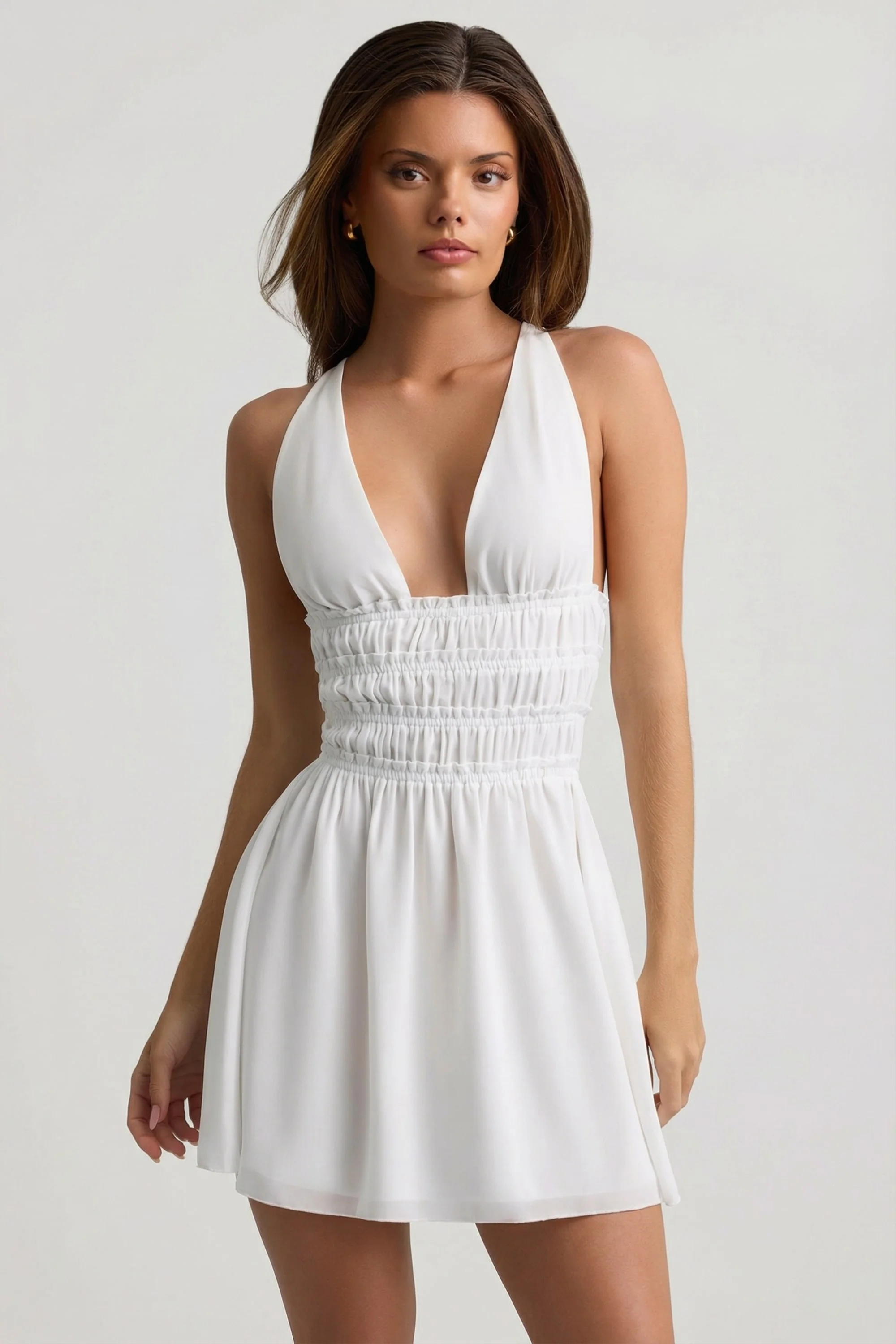 Plunge Cross-Back Mini Dress in White