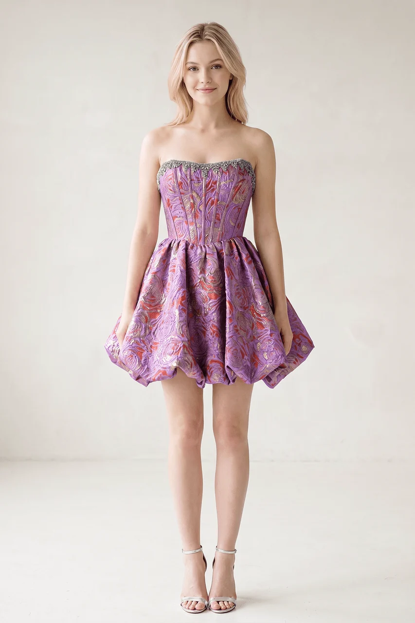 Lilac Strapless Corset Jacquard A-Line Ruched Homecoming Dress with Beading