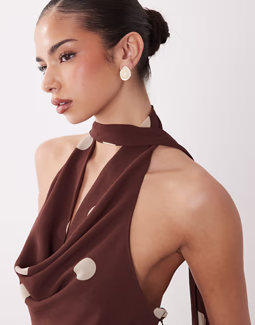 Gina Tricot scarf neck maxi dress in brown polka dot