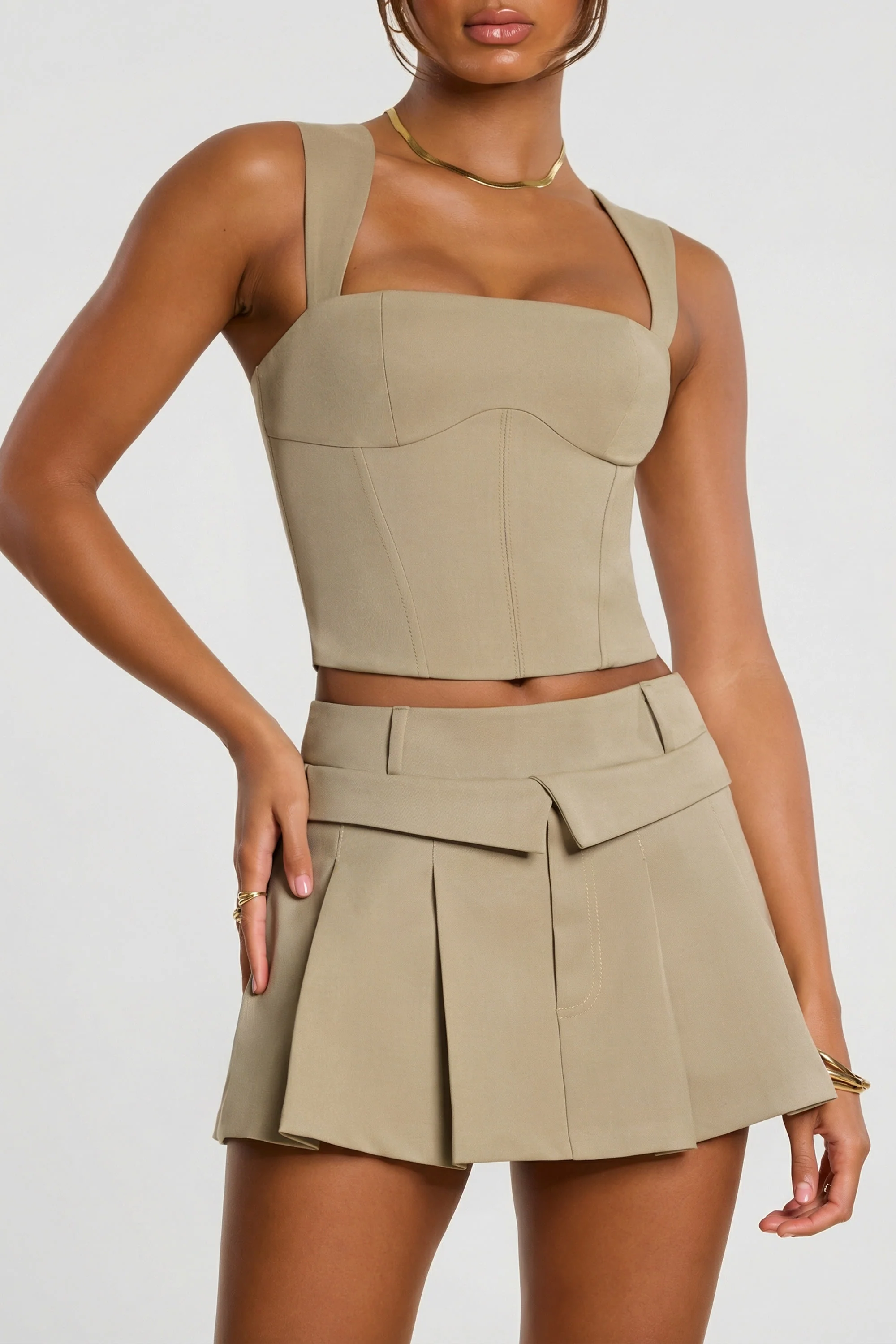 Brushed Twill Mid Rise Pleated Micro Mini Skirt in Taupe