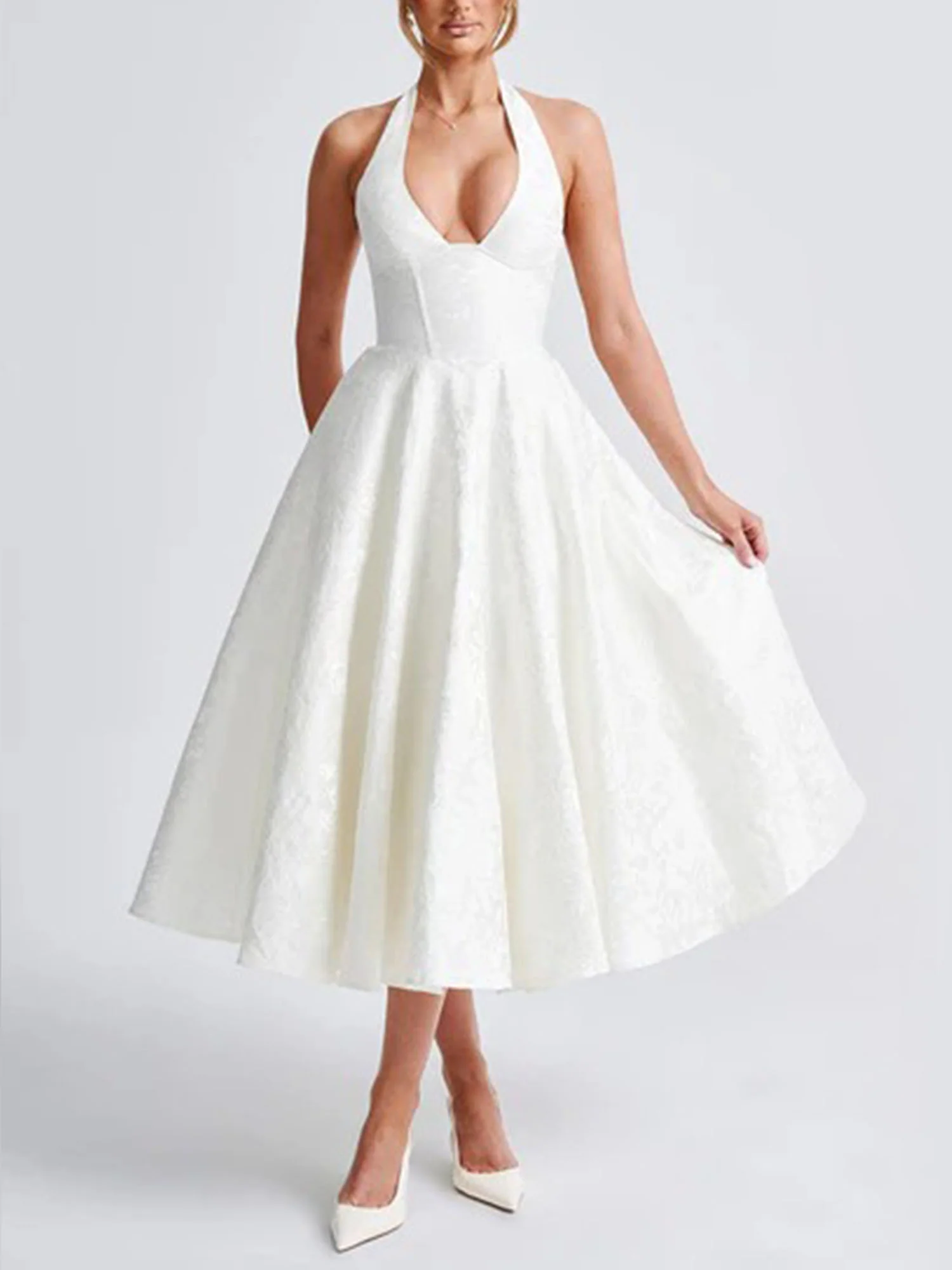 White Halter Flared Midi Dress