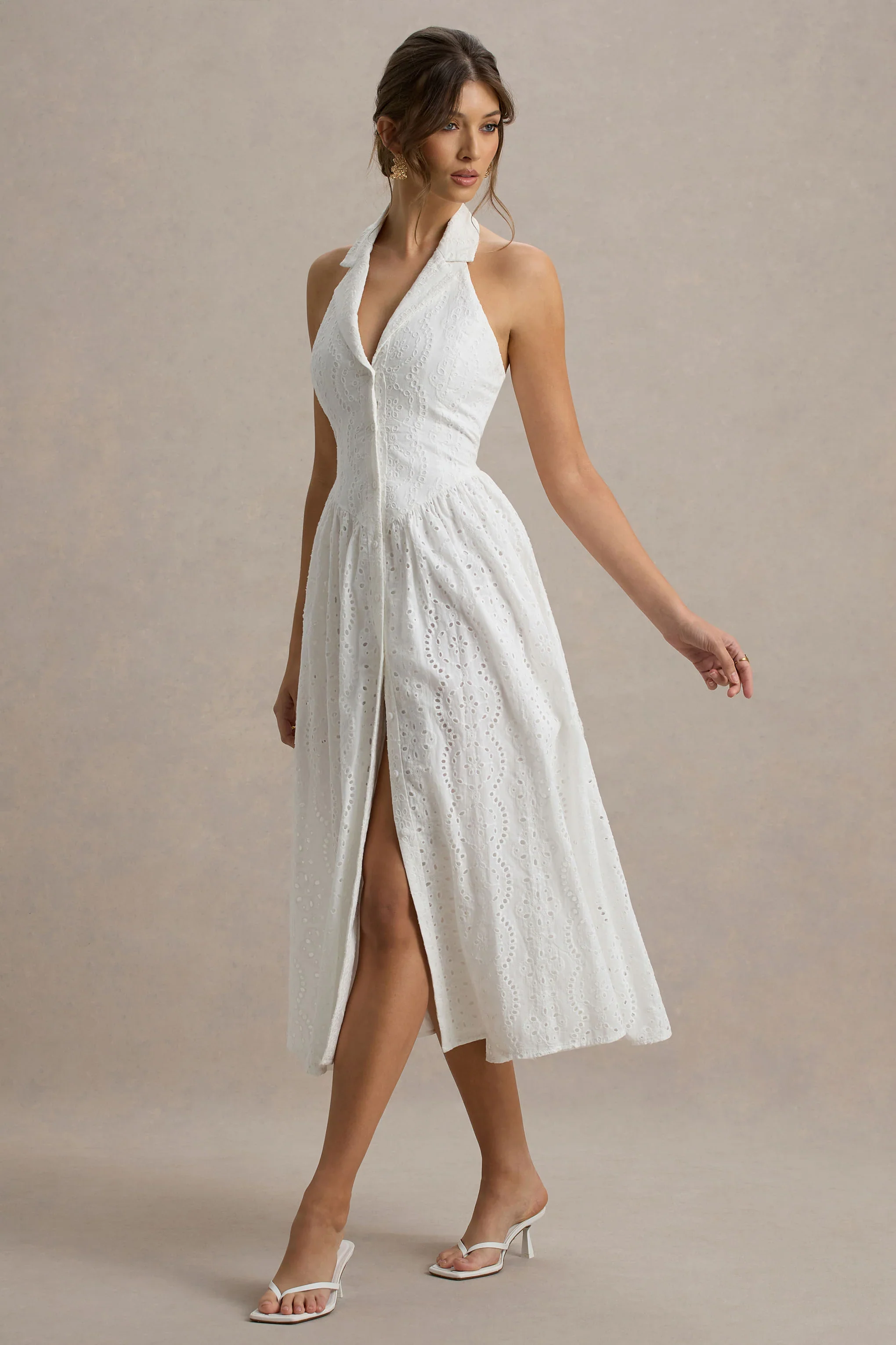 Jezebel | White Lace Plunge-Neck Collared Midi Dress