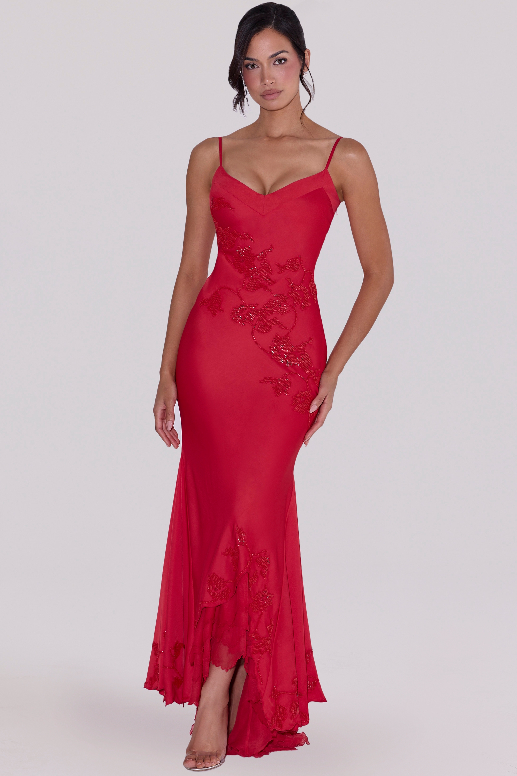 red hand beaded embellished satin maxi dress - limited edition