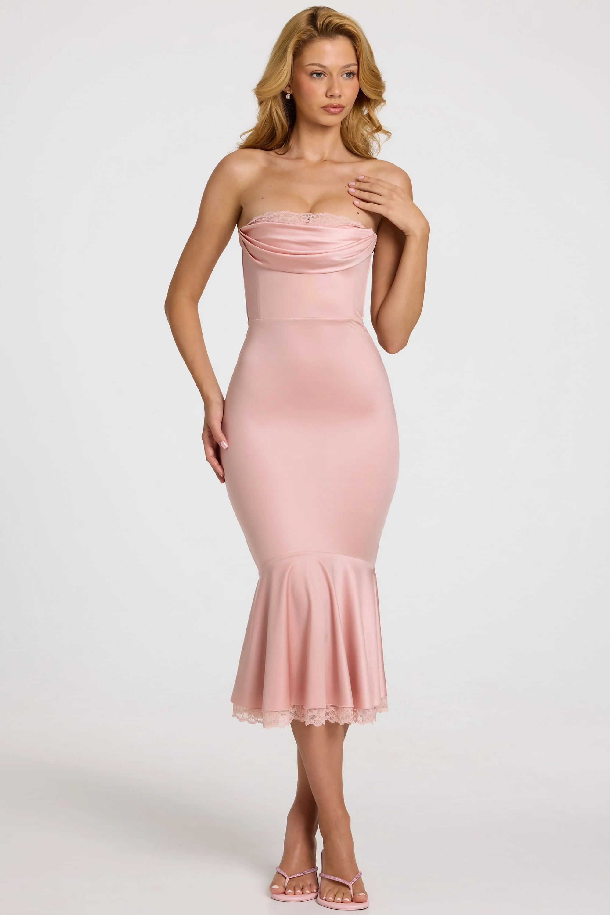 Satin Lace-Trim Bandeau Fluted Midaxi Dress in Blush Pink