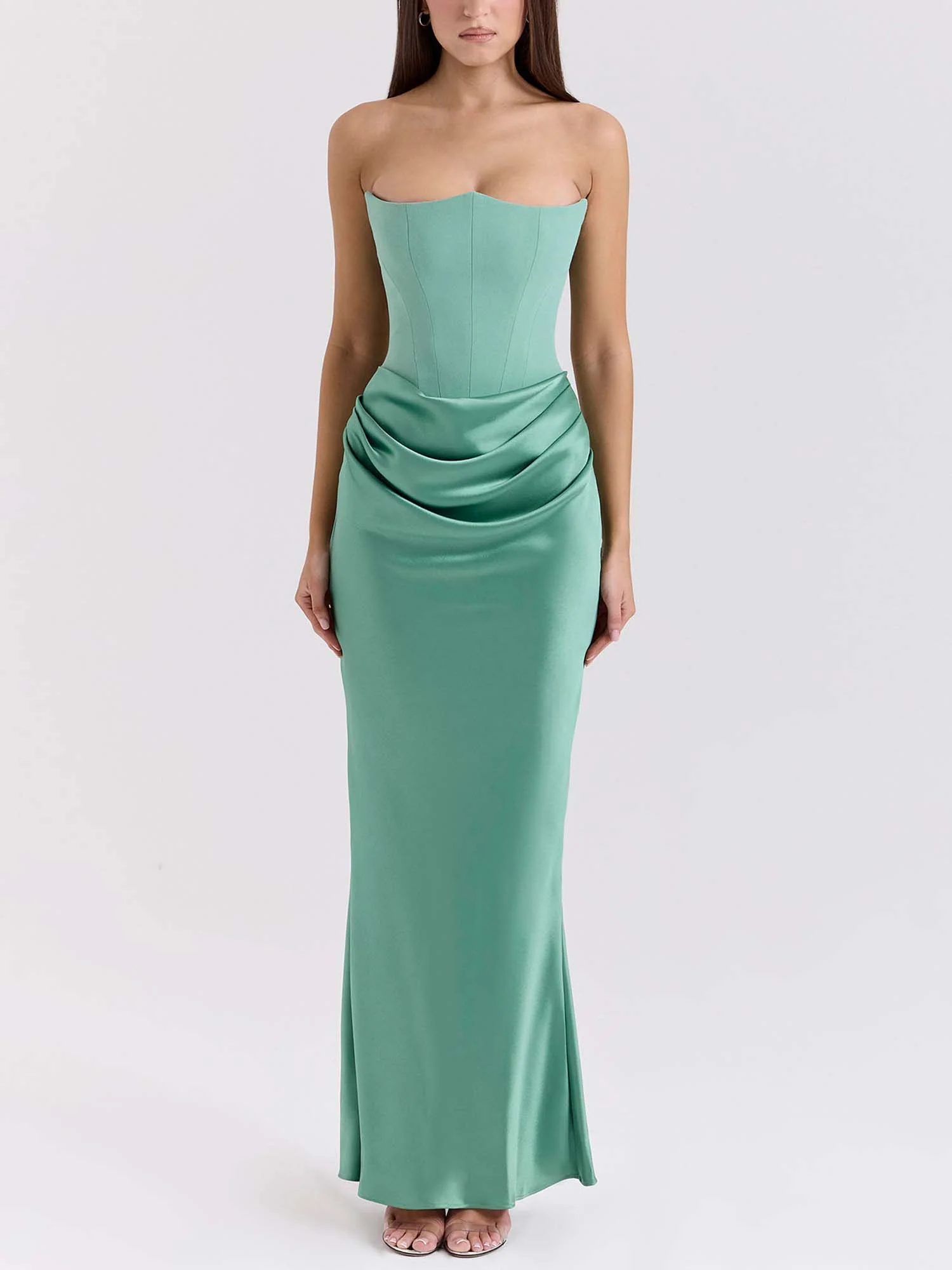 Green Strapless Draped Bodycon Maxi Dress