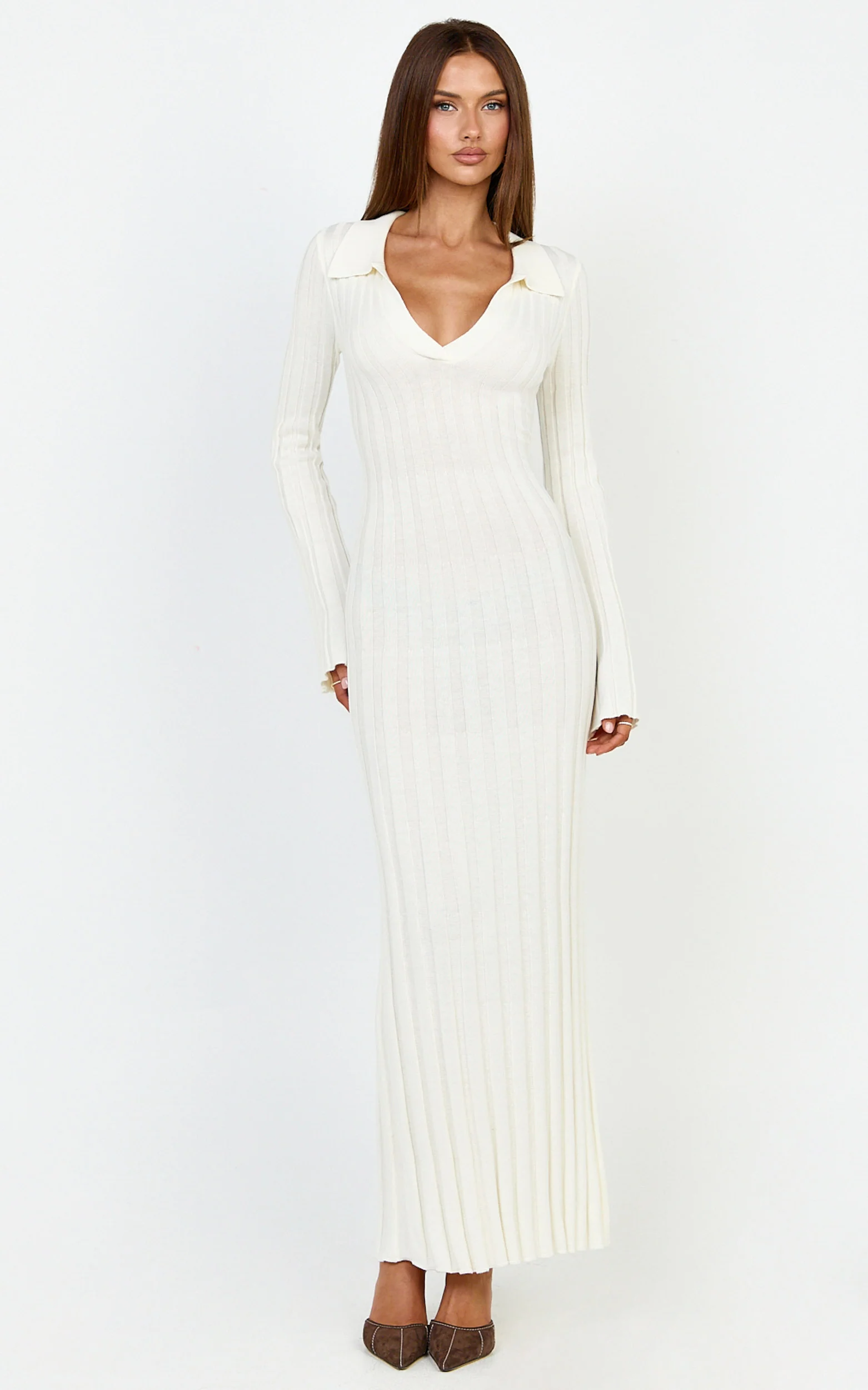 Pamela Midi Dress - Ribbed Knit Poli Midi Dress in Off White