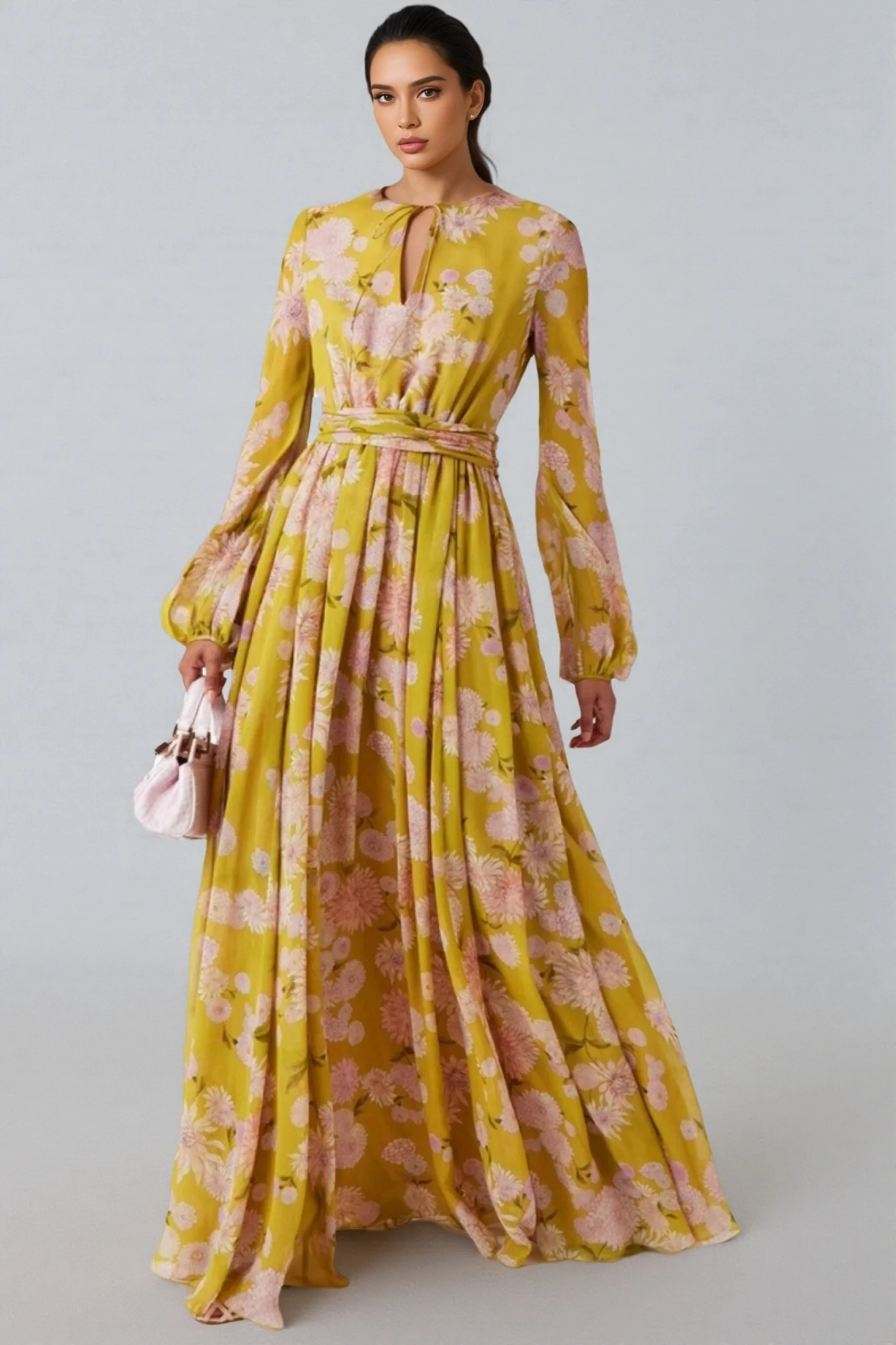 Giselle Floral Lace Up Puff Sleeve Maxi Dress