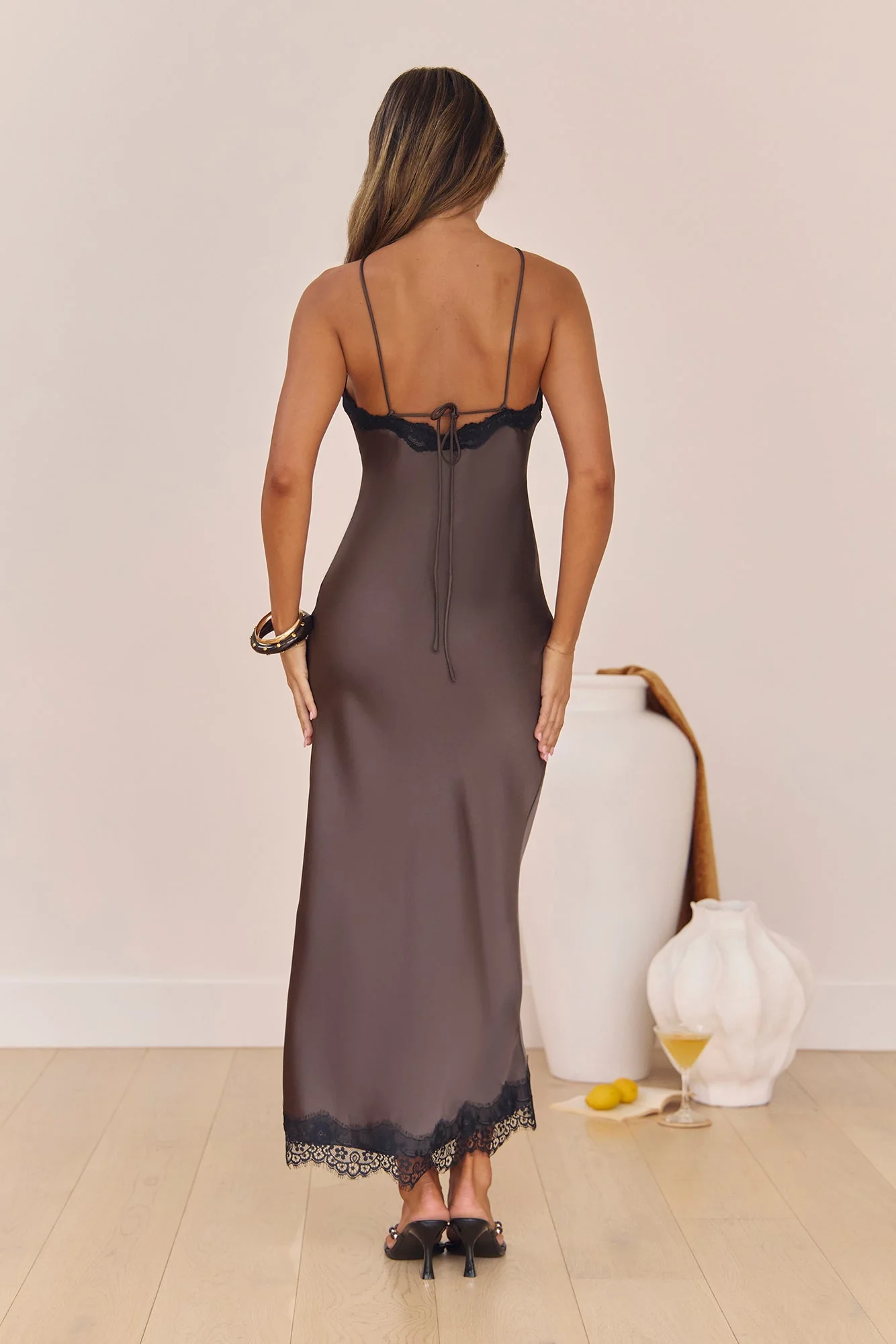 Feel The Moment Satin Maxi Dress Brown
