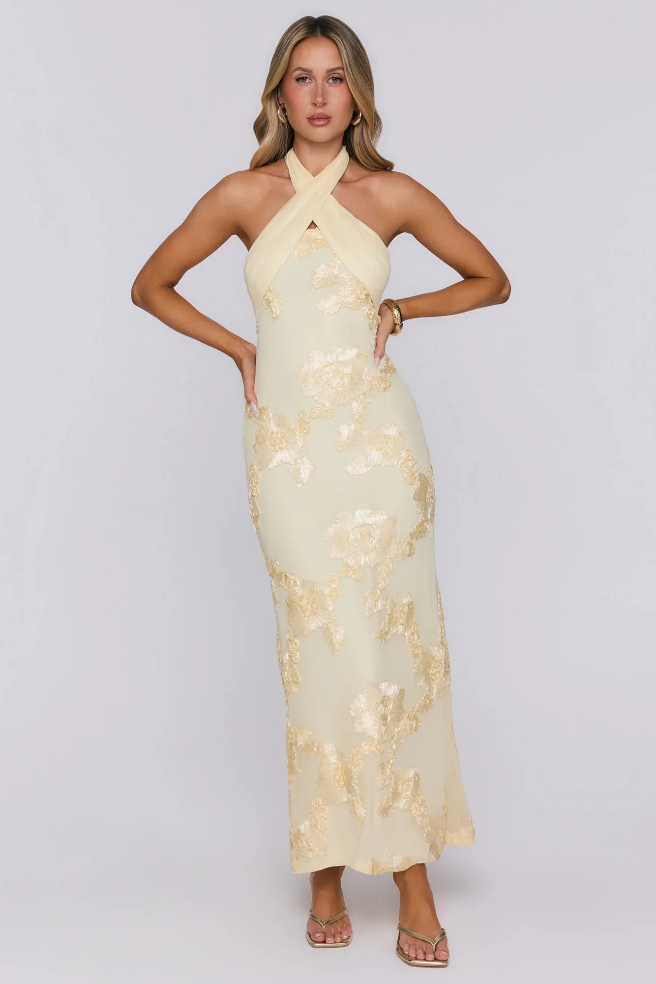 Delicate Desire Mesh Halter Maxi Dress Yellow
