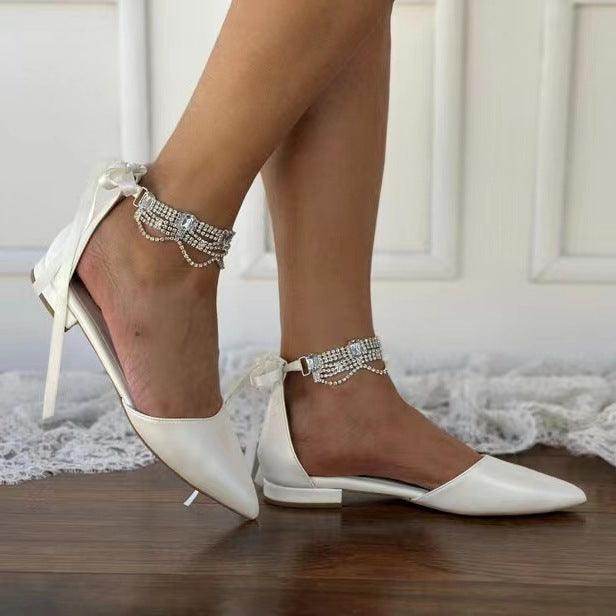 White Rhinestone Ankle Strap  Pointy Flat Shoes 738090030997