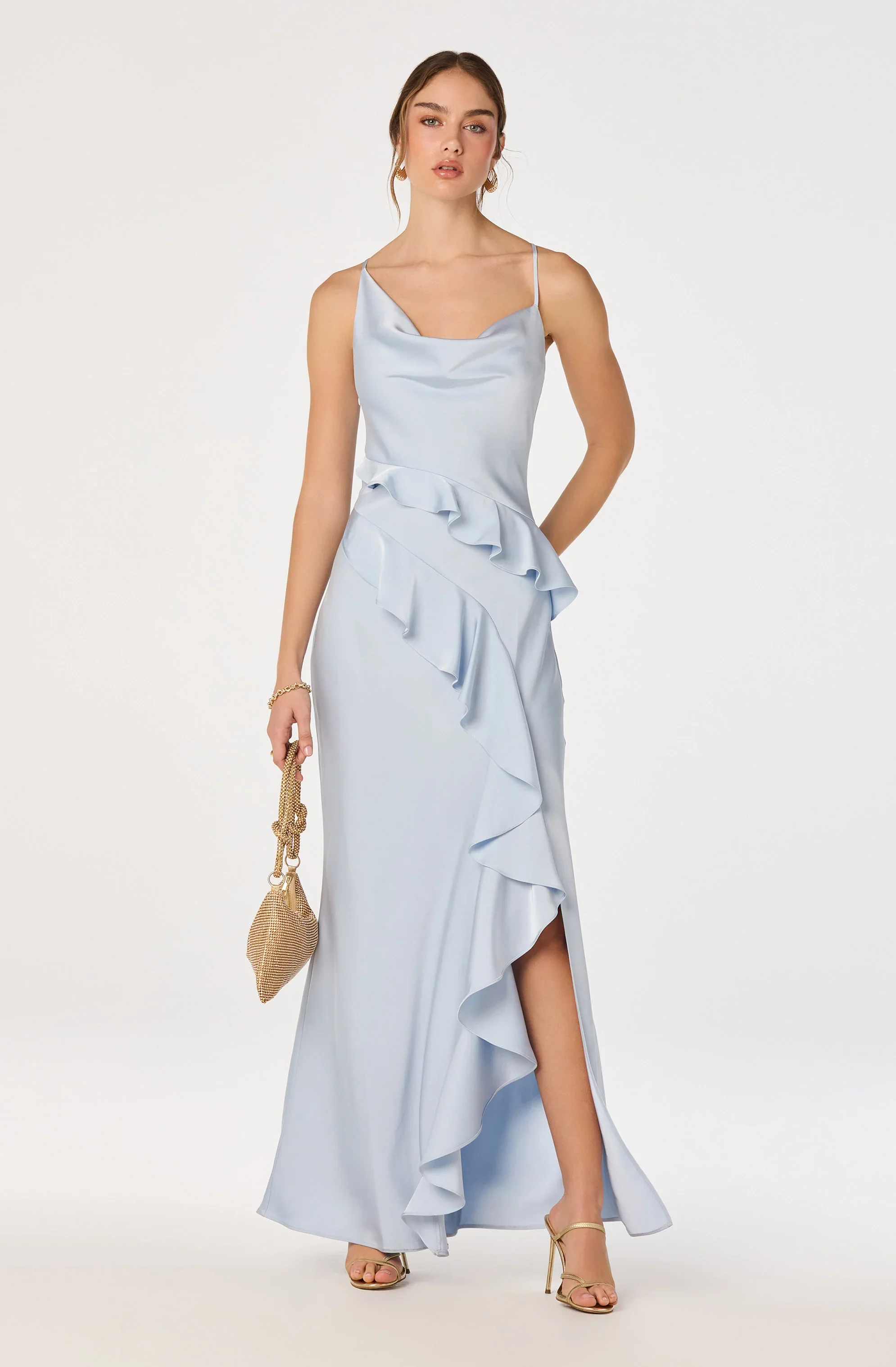 Adelina Satin Ruffle Maxi Dress