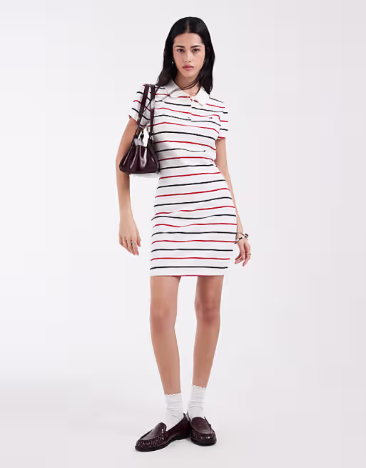 Tommy Jeans rib bodycon polo dress in navy/red stripe