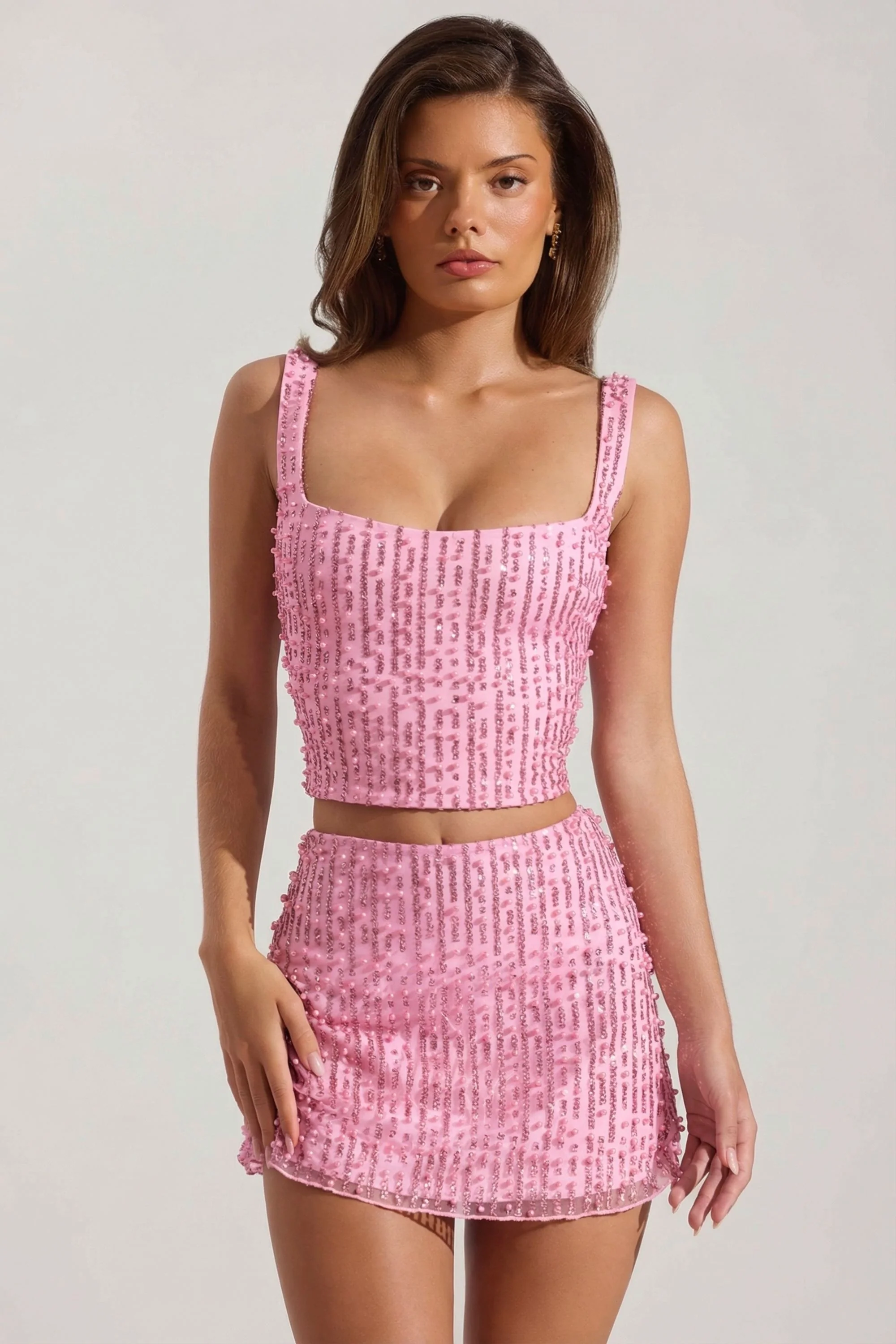 Embellished Square-Neck Crop Top in Pink