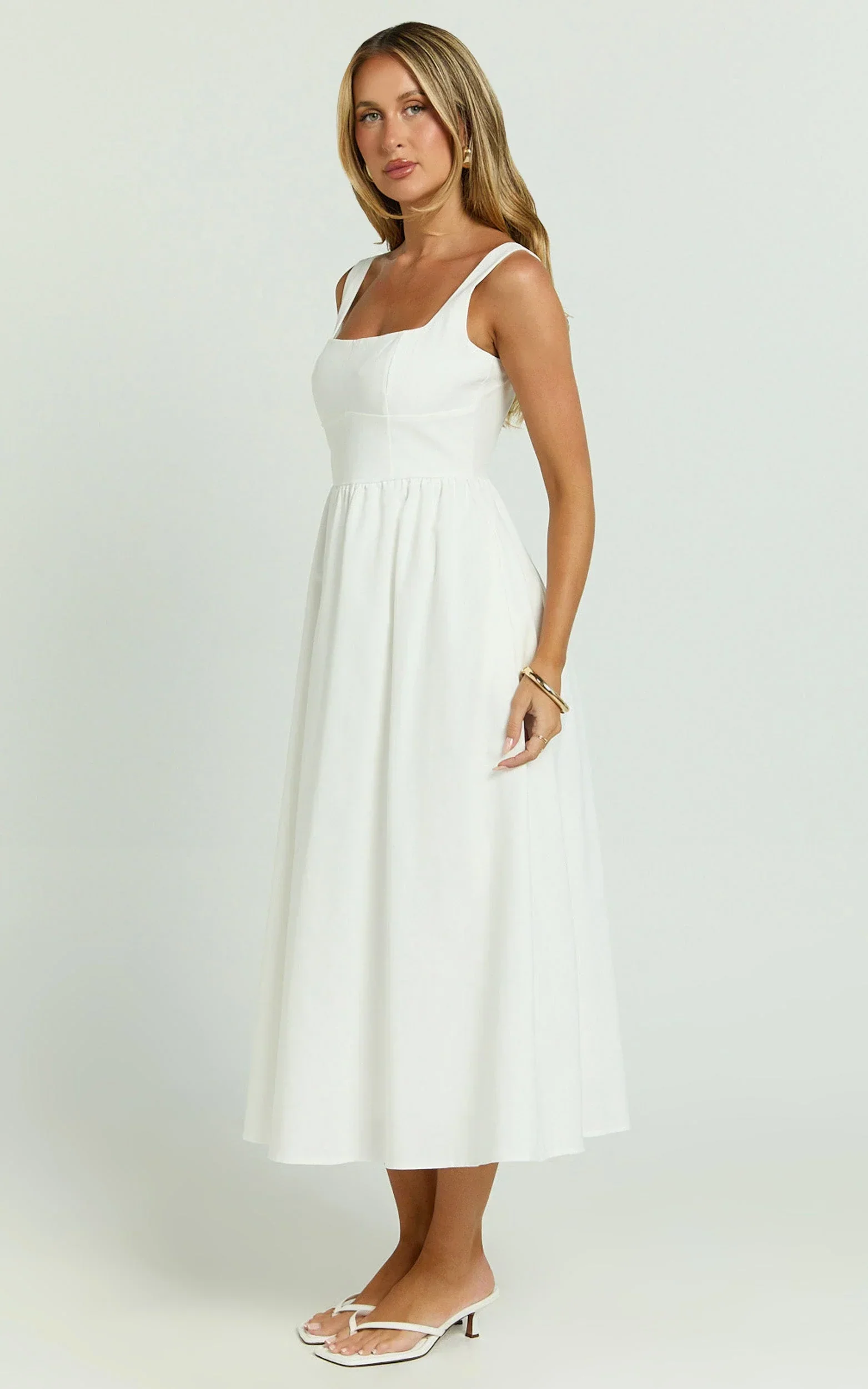 Khari Midi Dress - Linen Look Square A Line Dress in White - luluinthesky