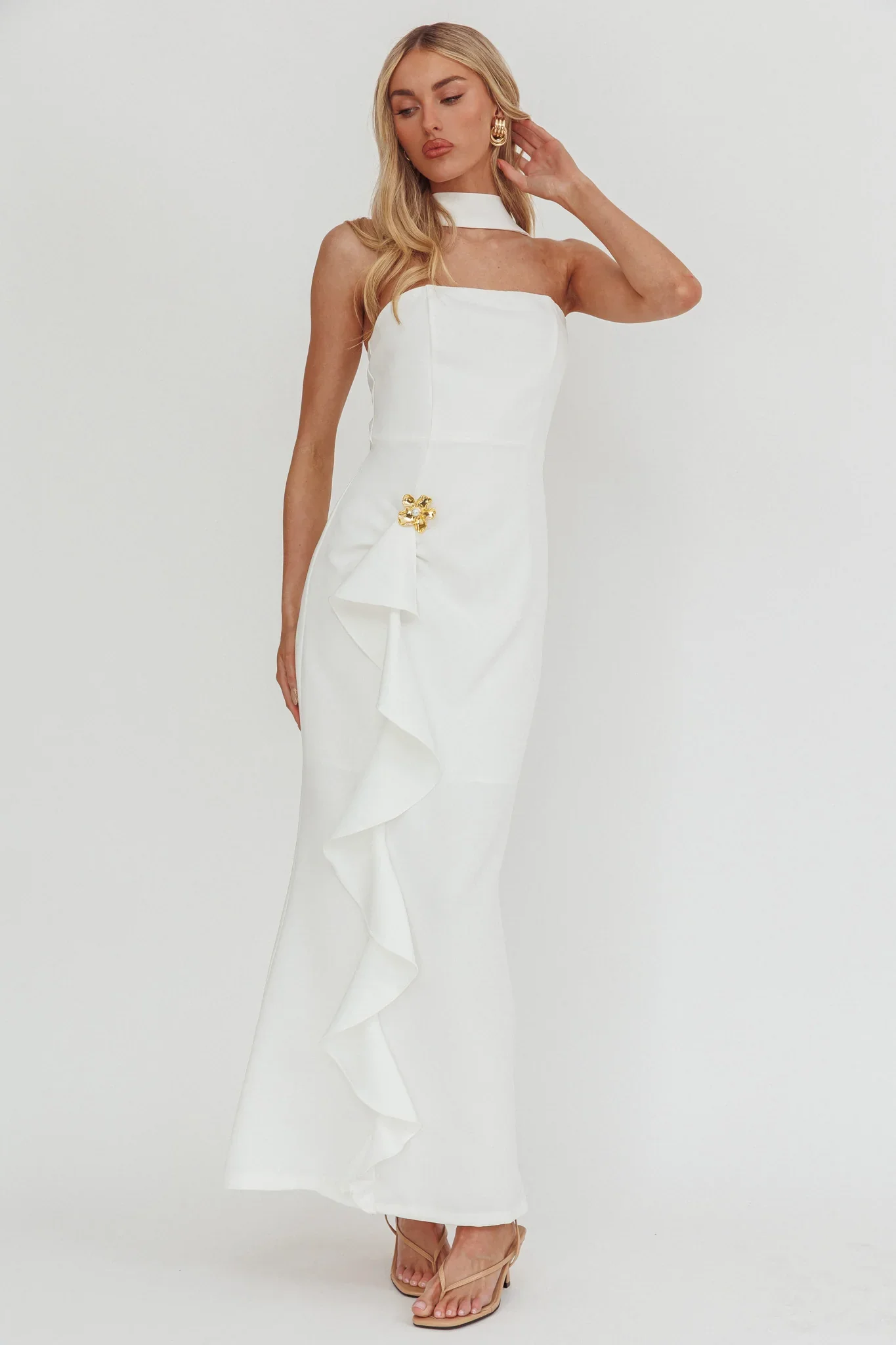 Selora Strapless Ruffle Maxi Dress White