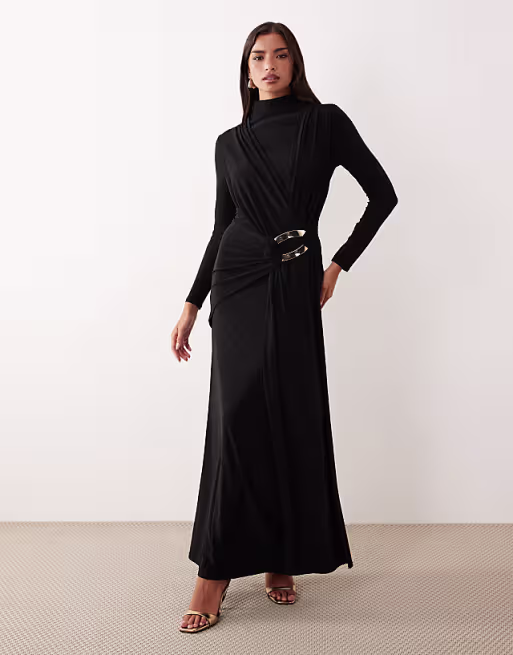 slinky drape maxi dress with trim detail in black