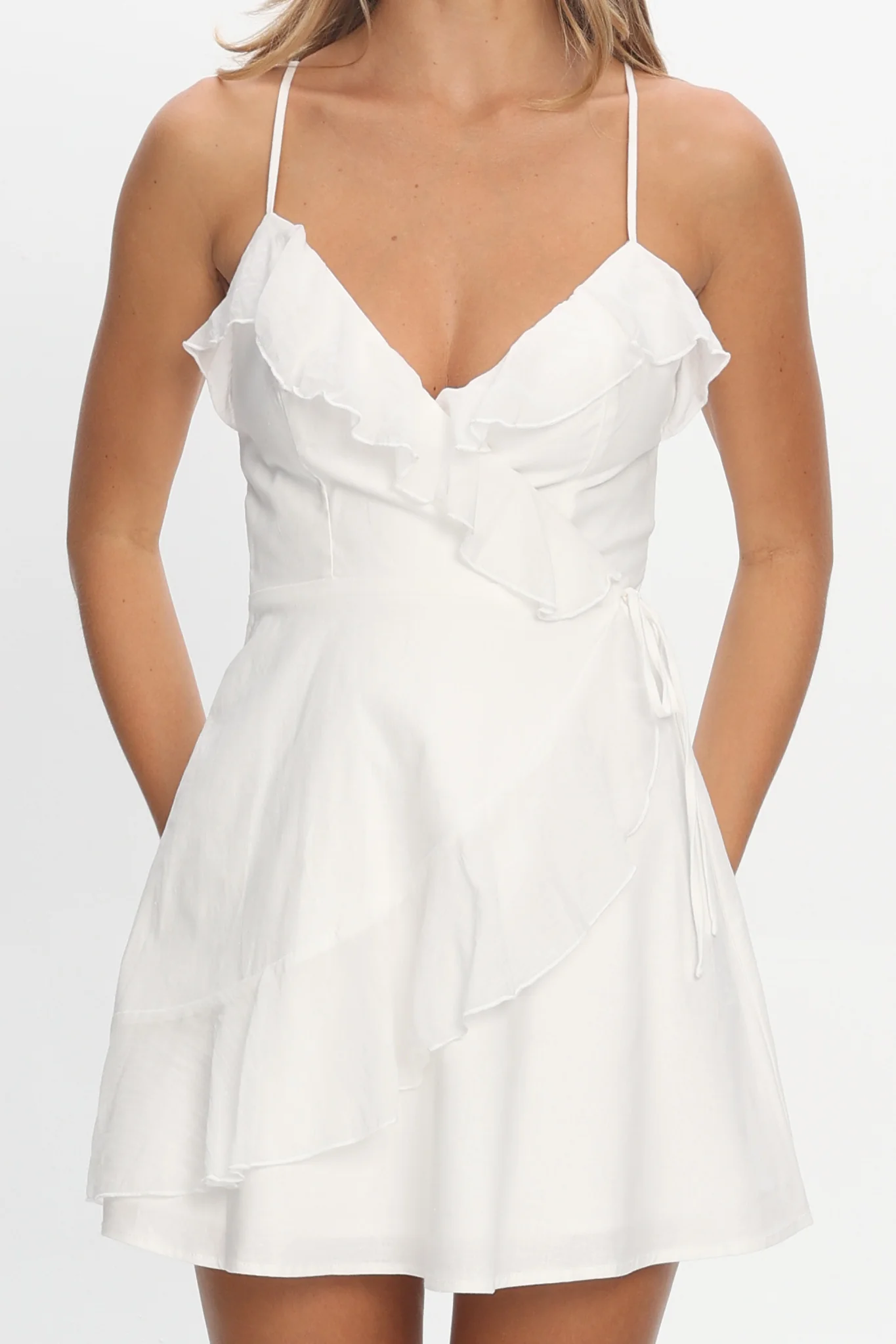 Clyde Wrap Ruffle Mini Dress White - luluinthesky