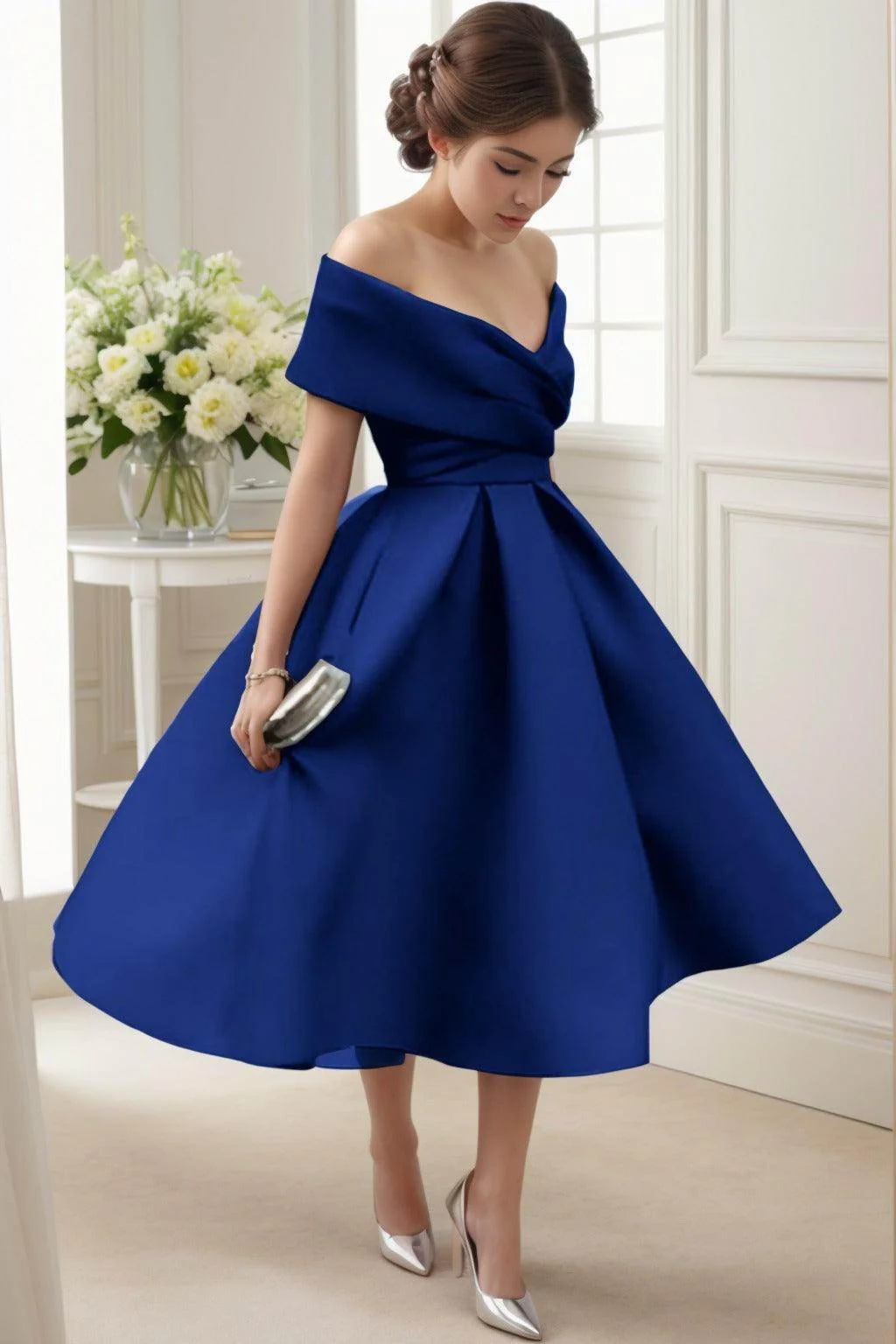A-Line Tea Length Satin Graduation Dresses CS0556