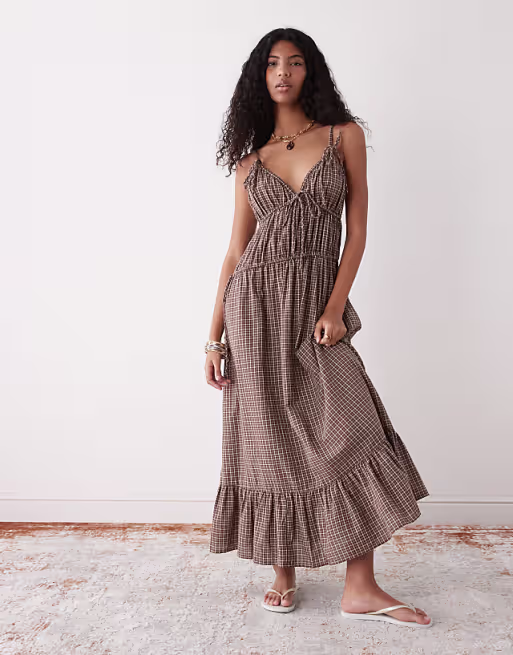 COLLUSION channel detail cami maxi dress in brown check
