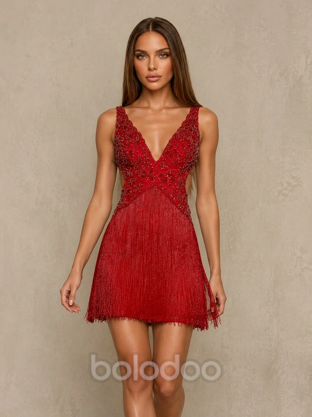 BOLODOO Red Beaded Deep V Open-Back Fringe Mini Dress