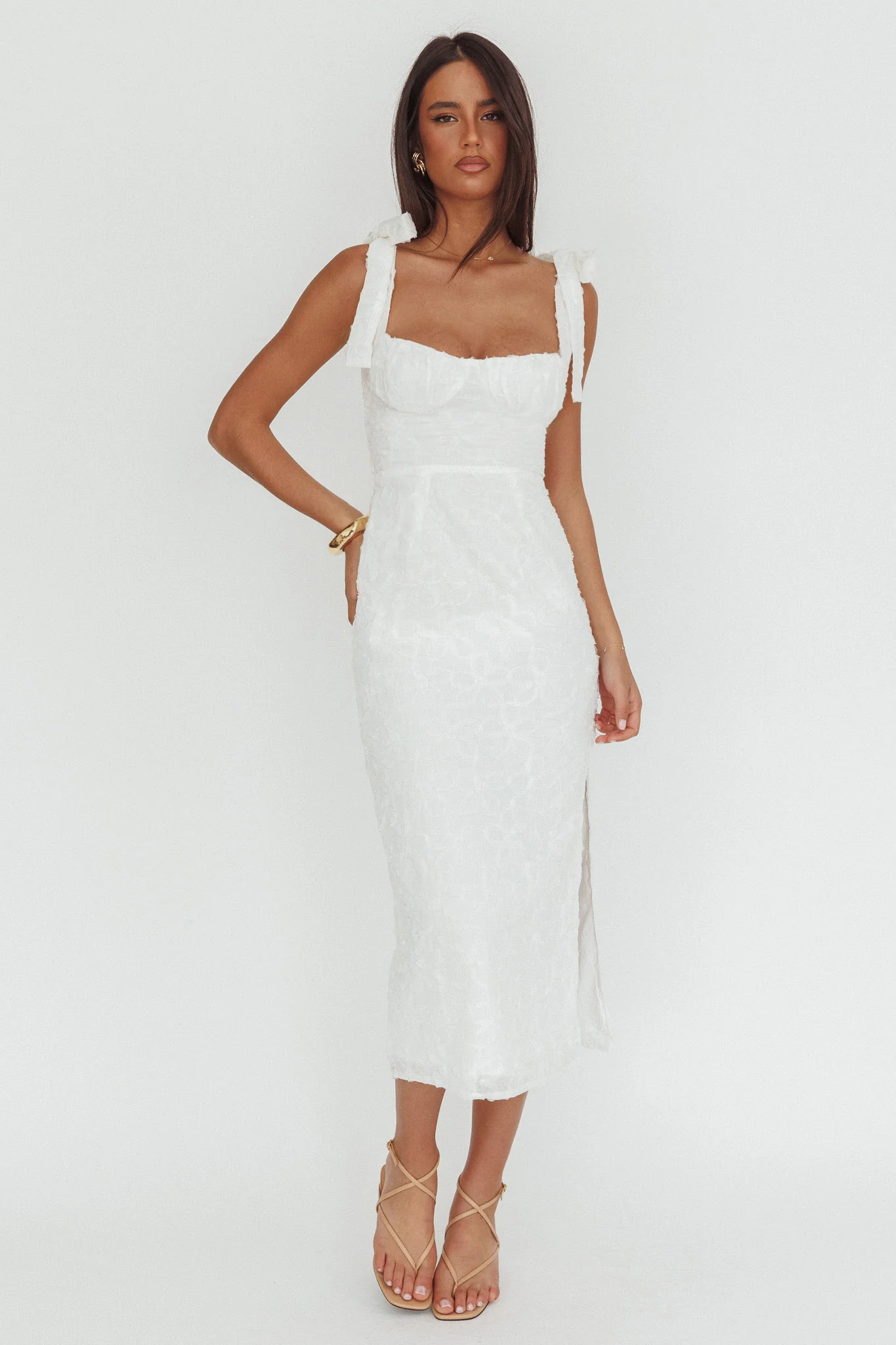 Cupid Tied Shoulder Embellished Midi Dress White