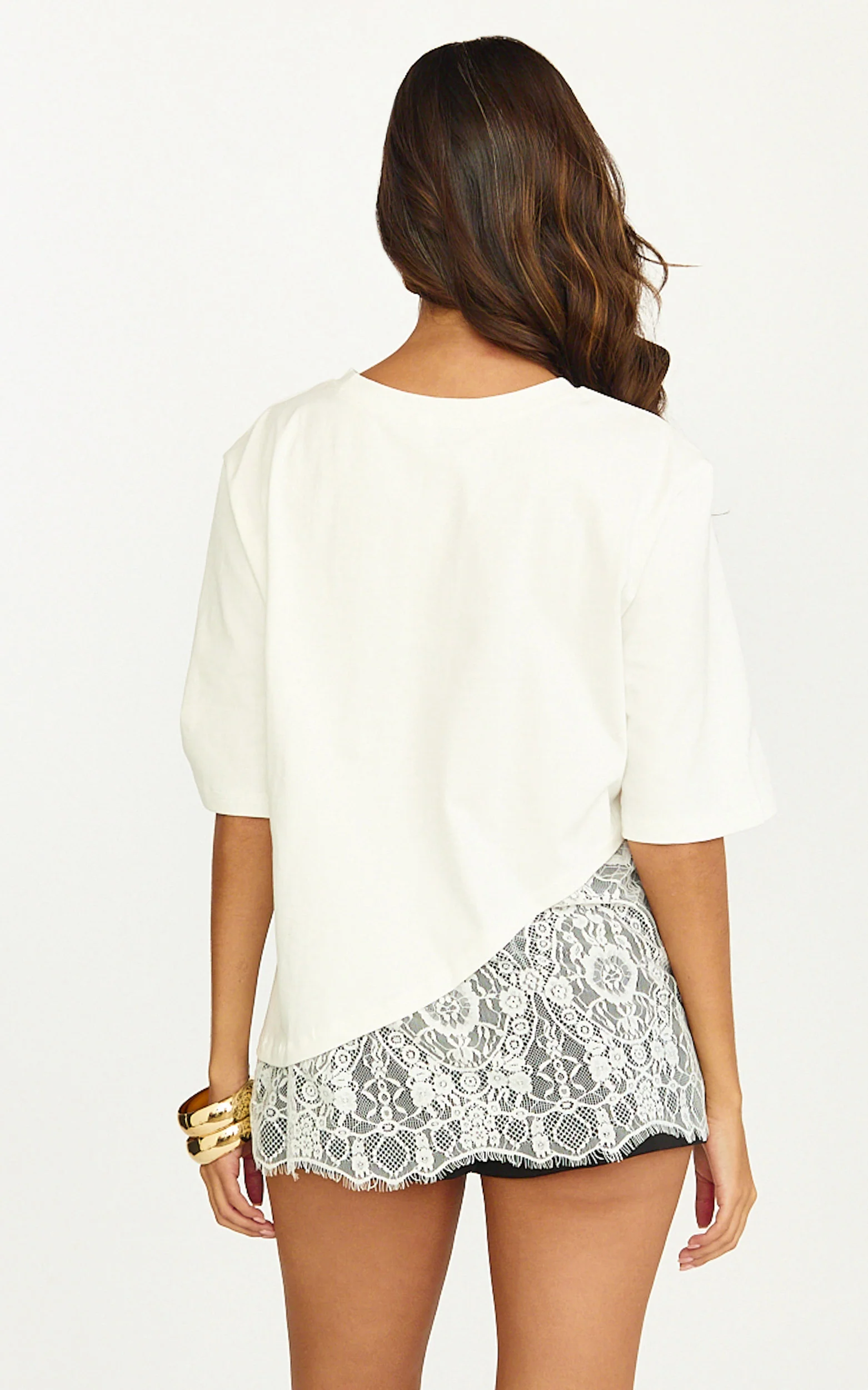 Abby Top - Asym Tee with Lace Trim in White