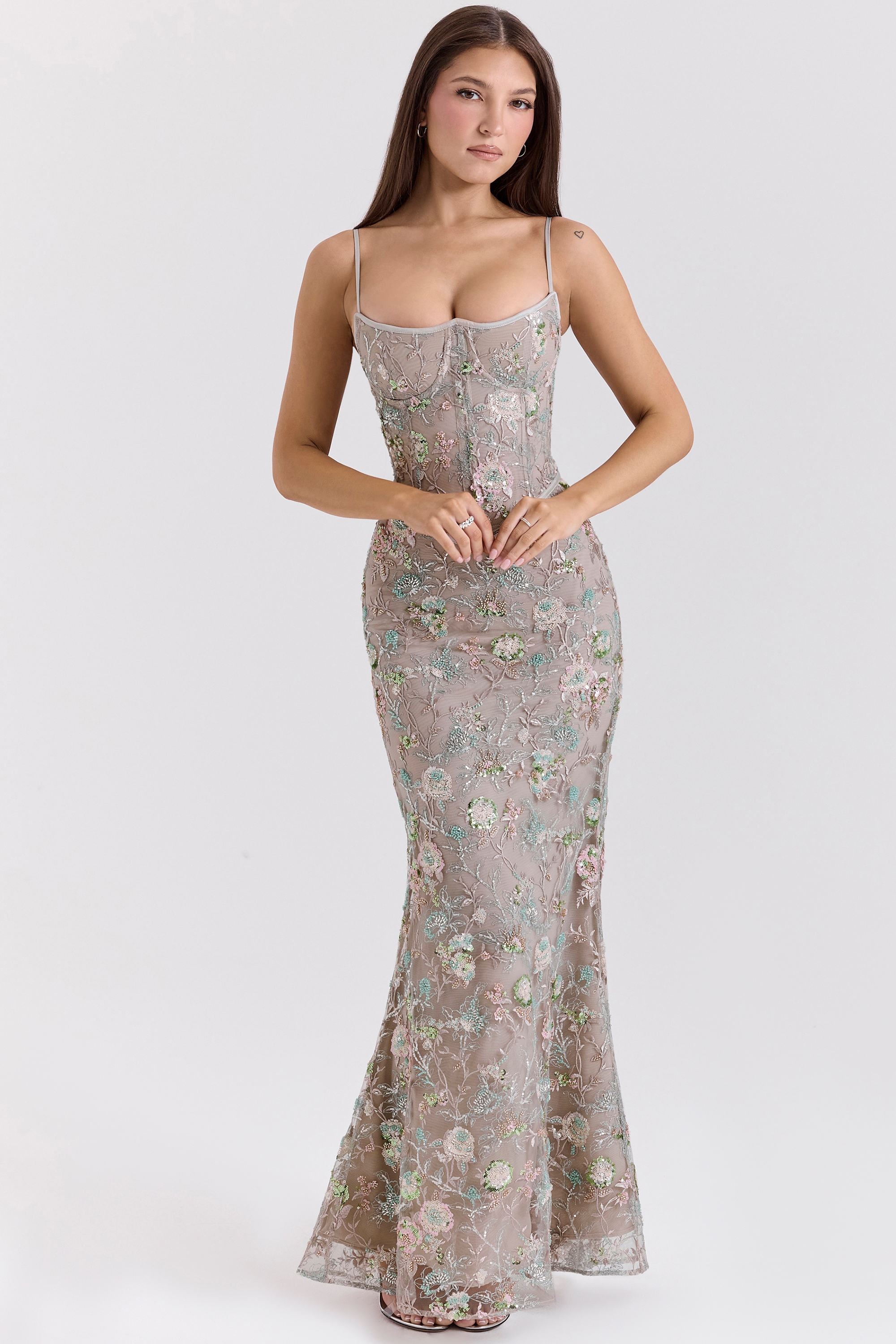 Silver Embellished Beaded Corset Maxi Dress